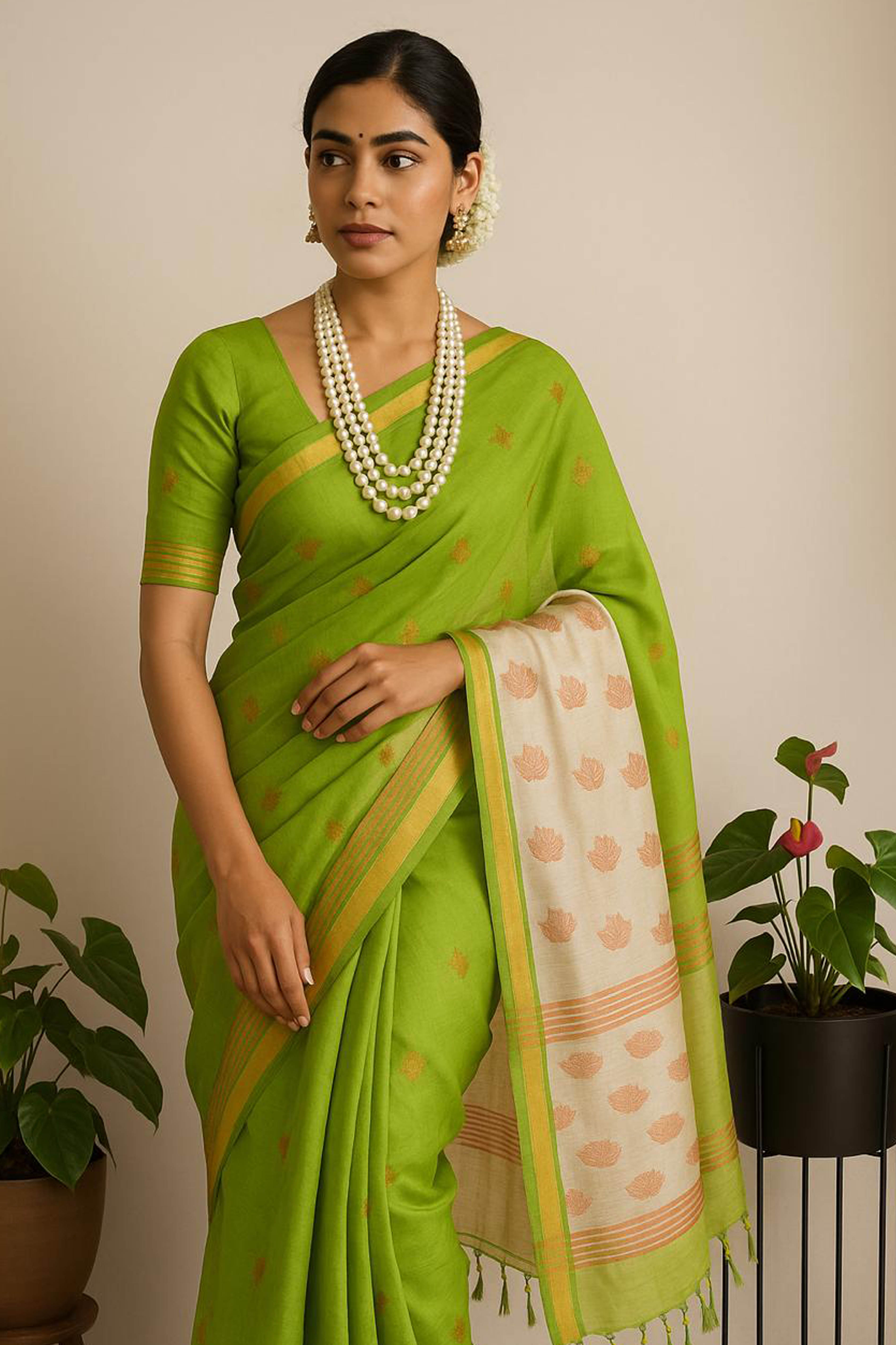 Haritah Jamdani Cotton Tissue Saree in Parrot Green