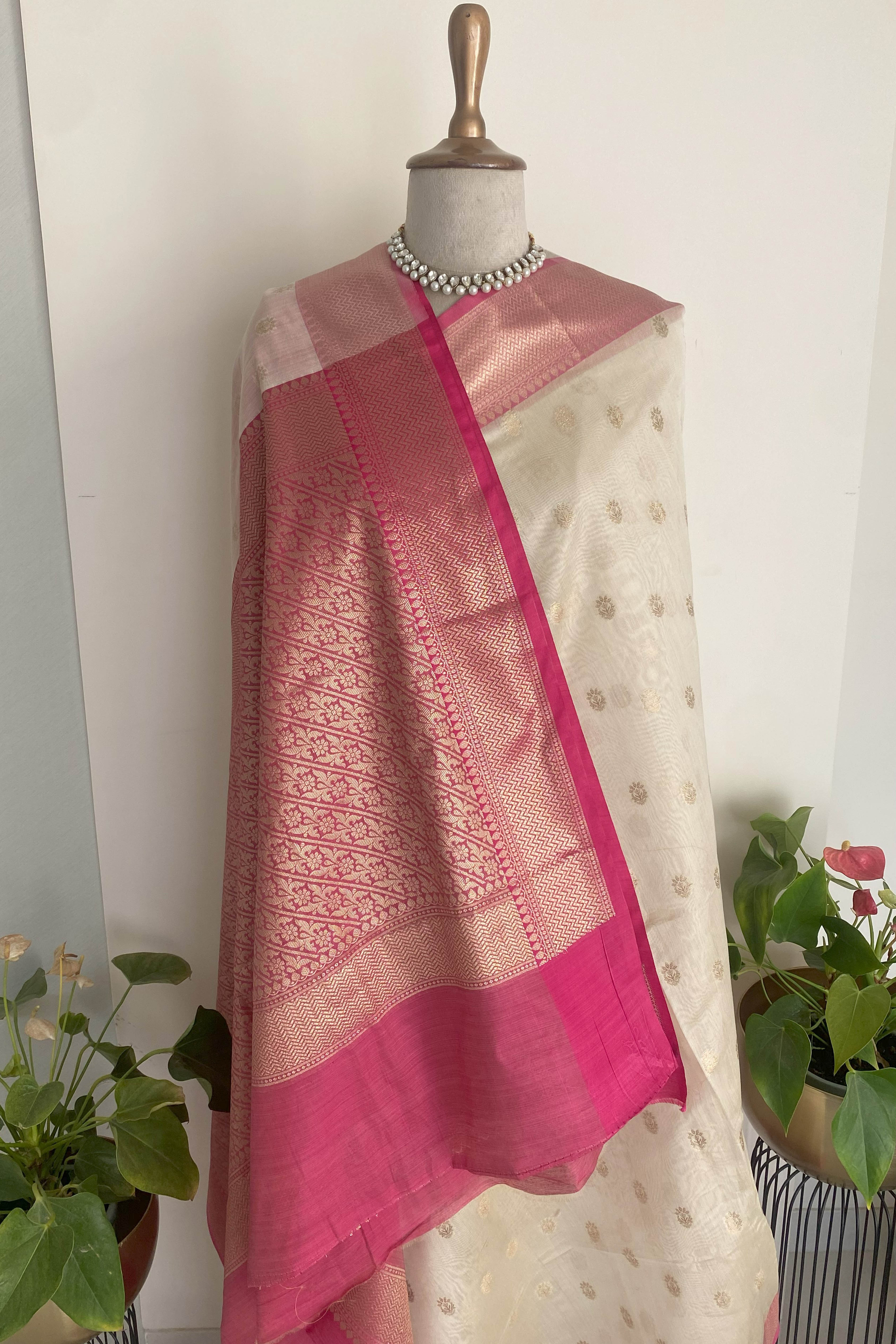 Ridhi Banarasi Mercerized Cotton Saree in Soft Off-White & Rich Pink Pallu