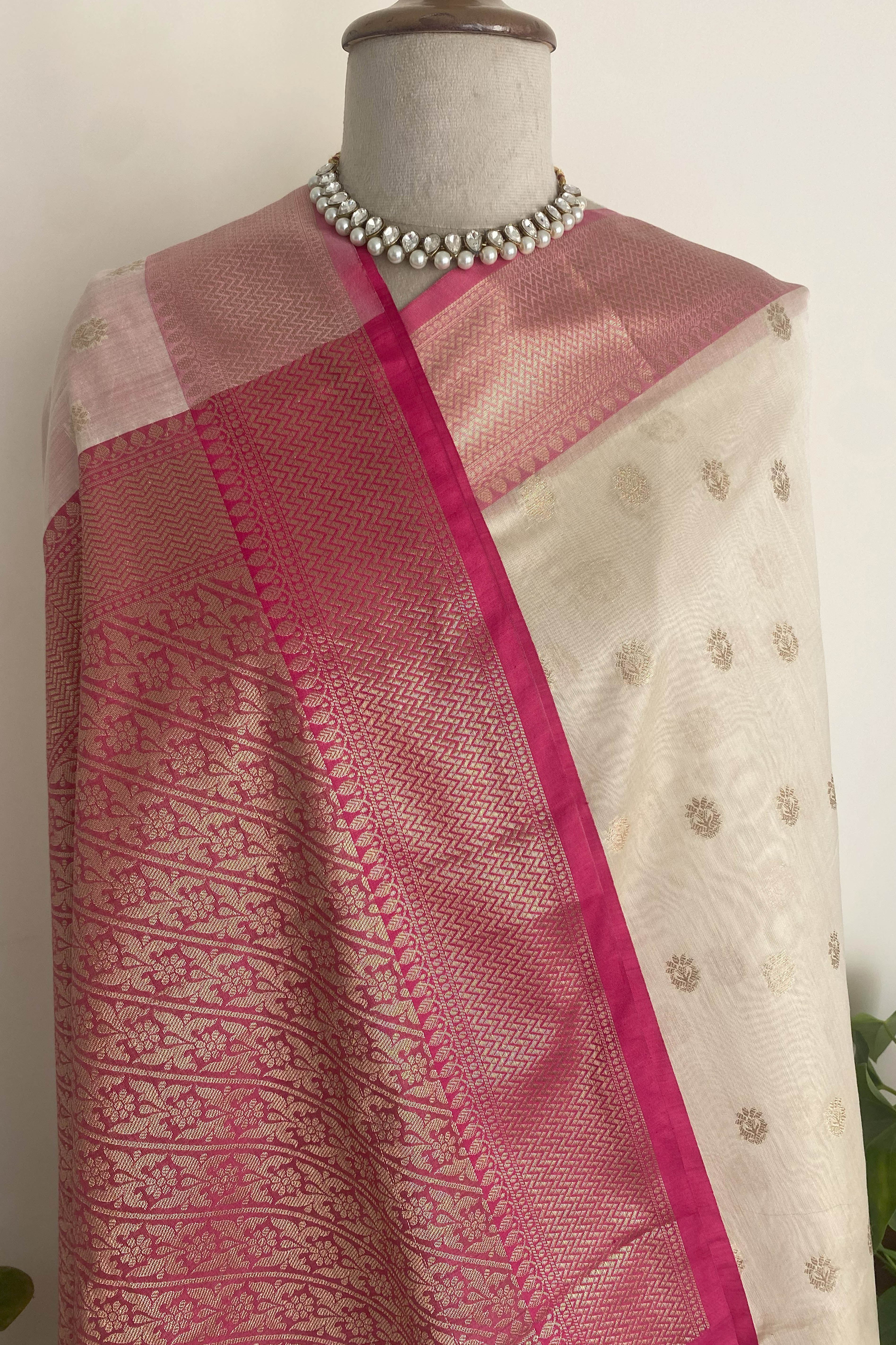 Ridhi Banarasi Mercerized Cotton Saree in Soft Off-White & Rich Pink Pallu