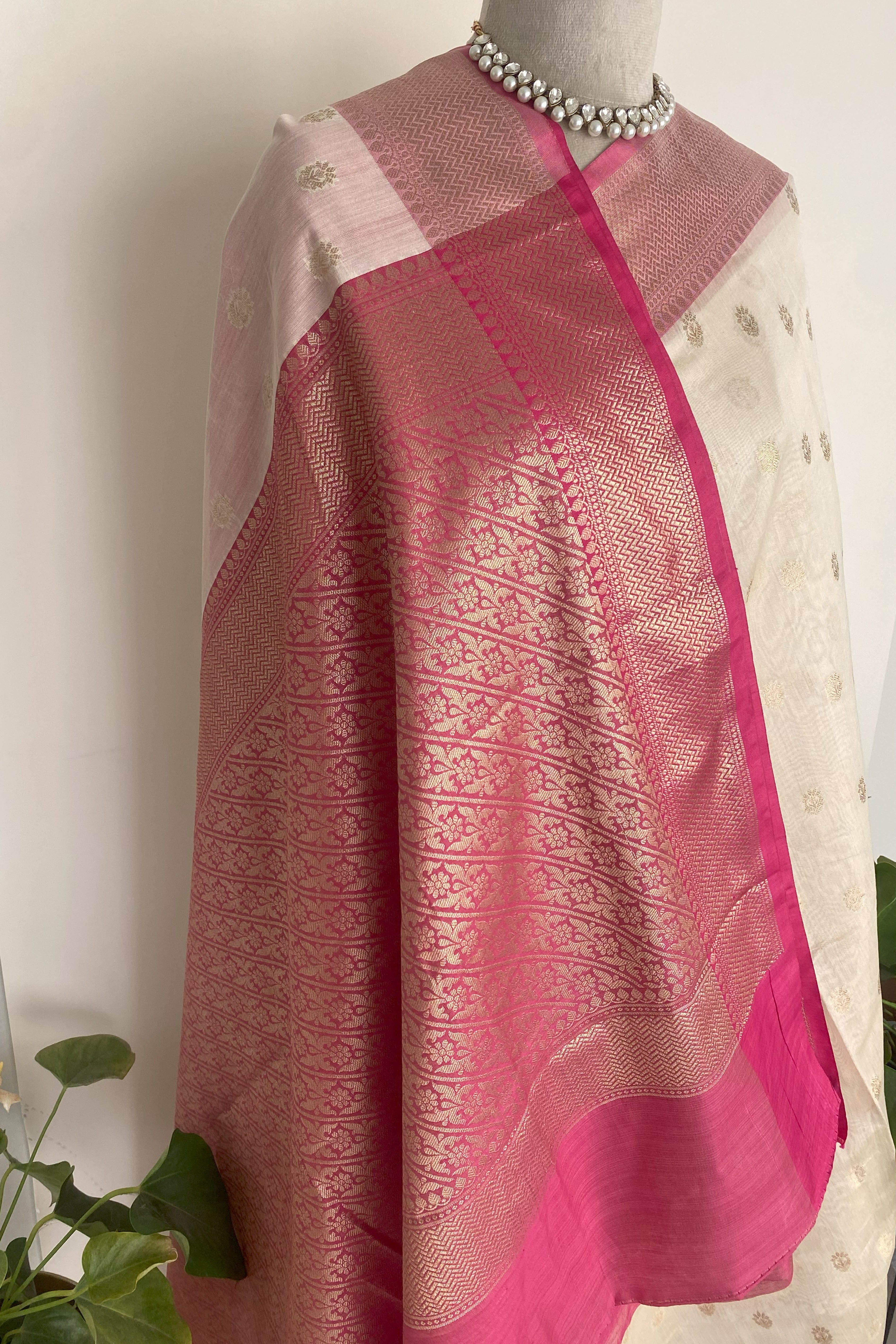Ridhi Banarasi Mercerized Cotton Saree in Soft Off-White & Rich Pink Pallu