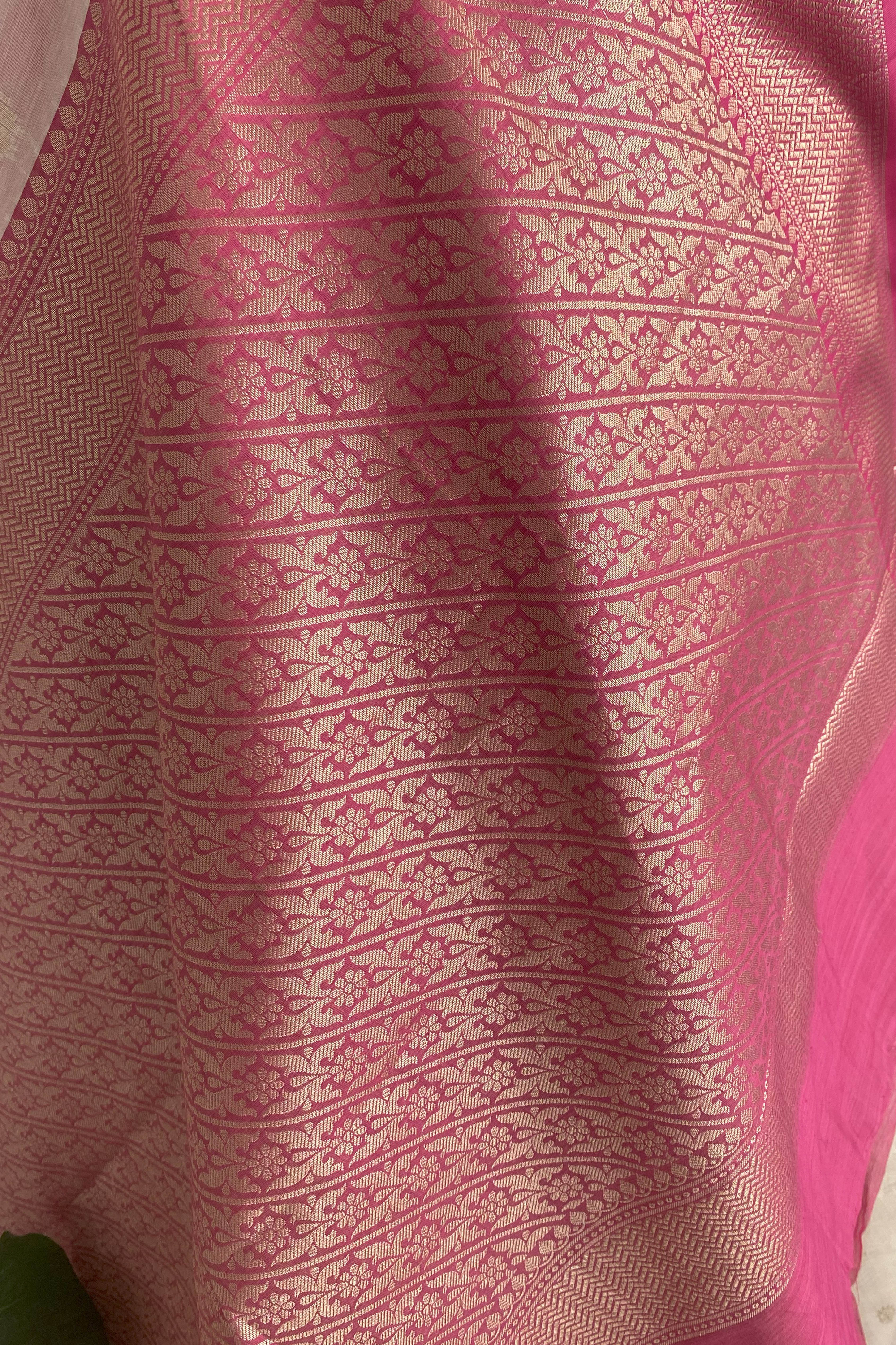 Ridhi Banarasi Mercerized Cotton Saree in Soft Off-White & Rich Pink Pallu