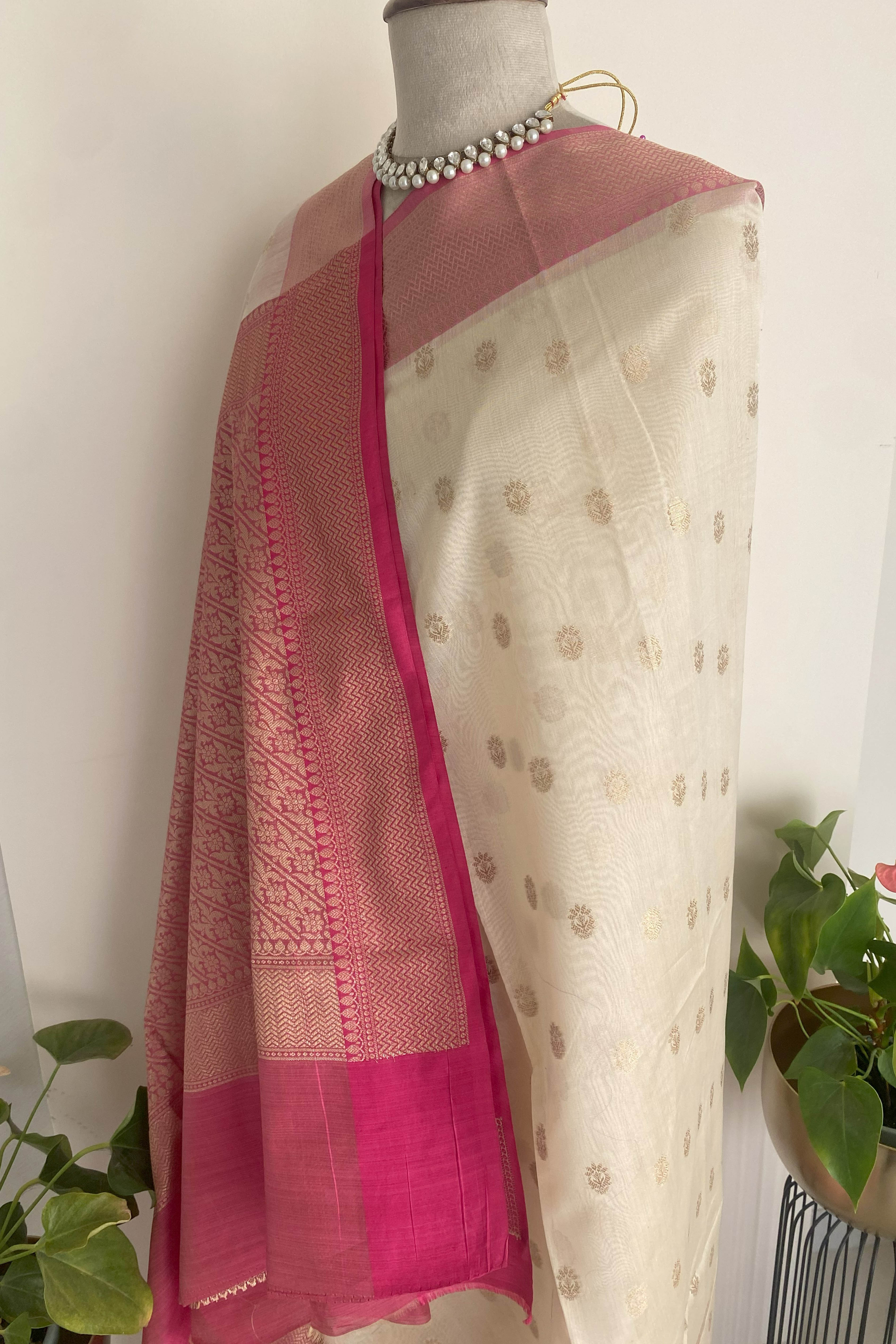 Ridhi Banarasi Mercerized Cotton Saree in Soft Off-White & Rich Pink Pallu