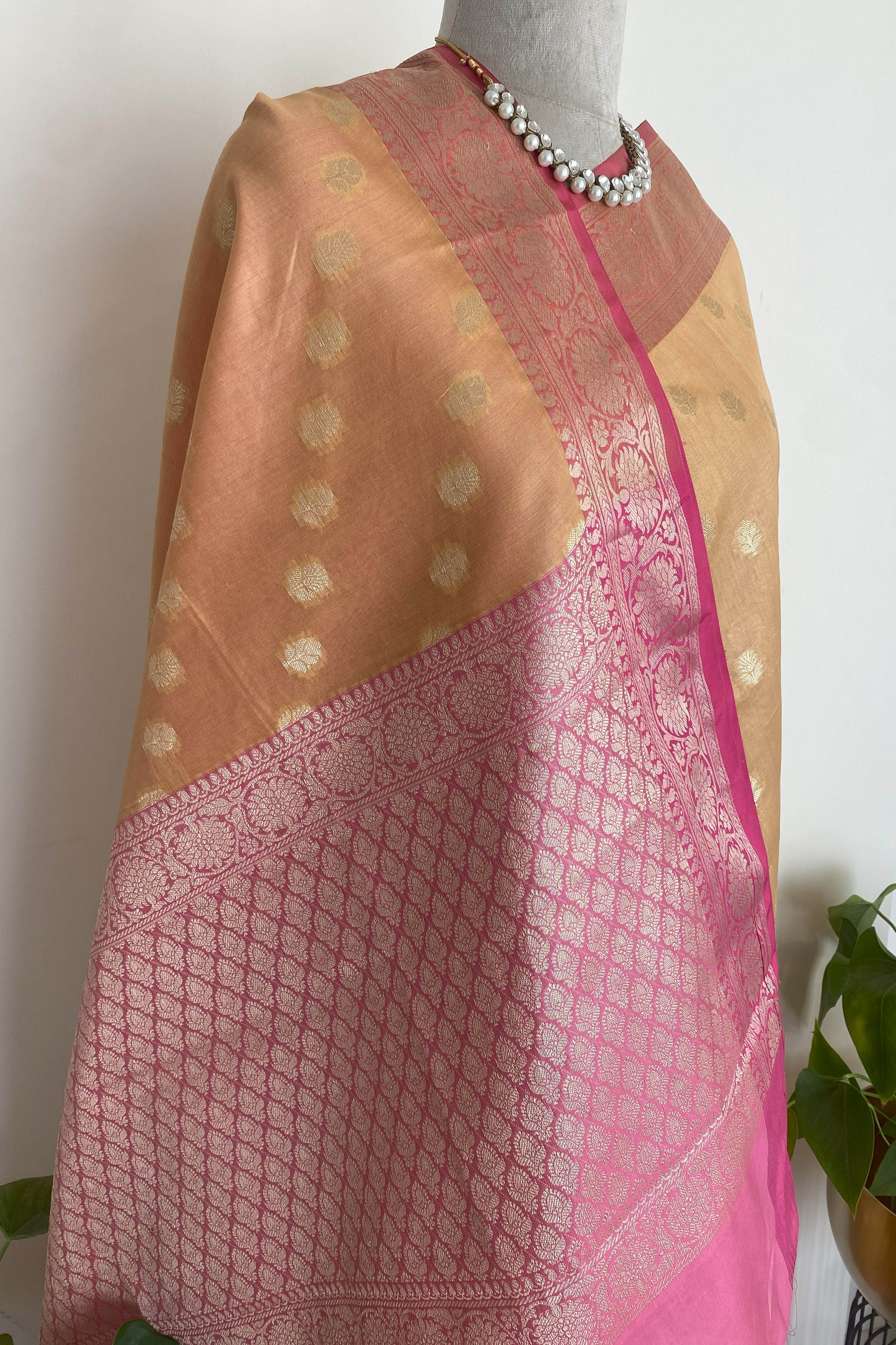 Nithya Banarasi Mercerized Cotton Saree in Golden Yellow & Rich Pink Pallu