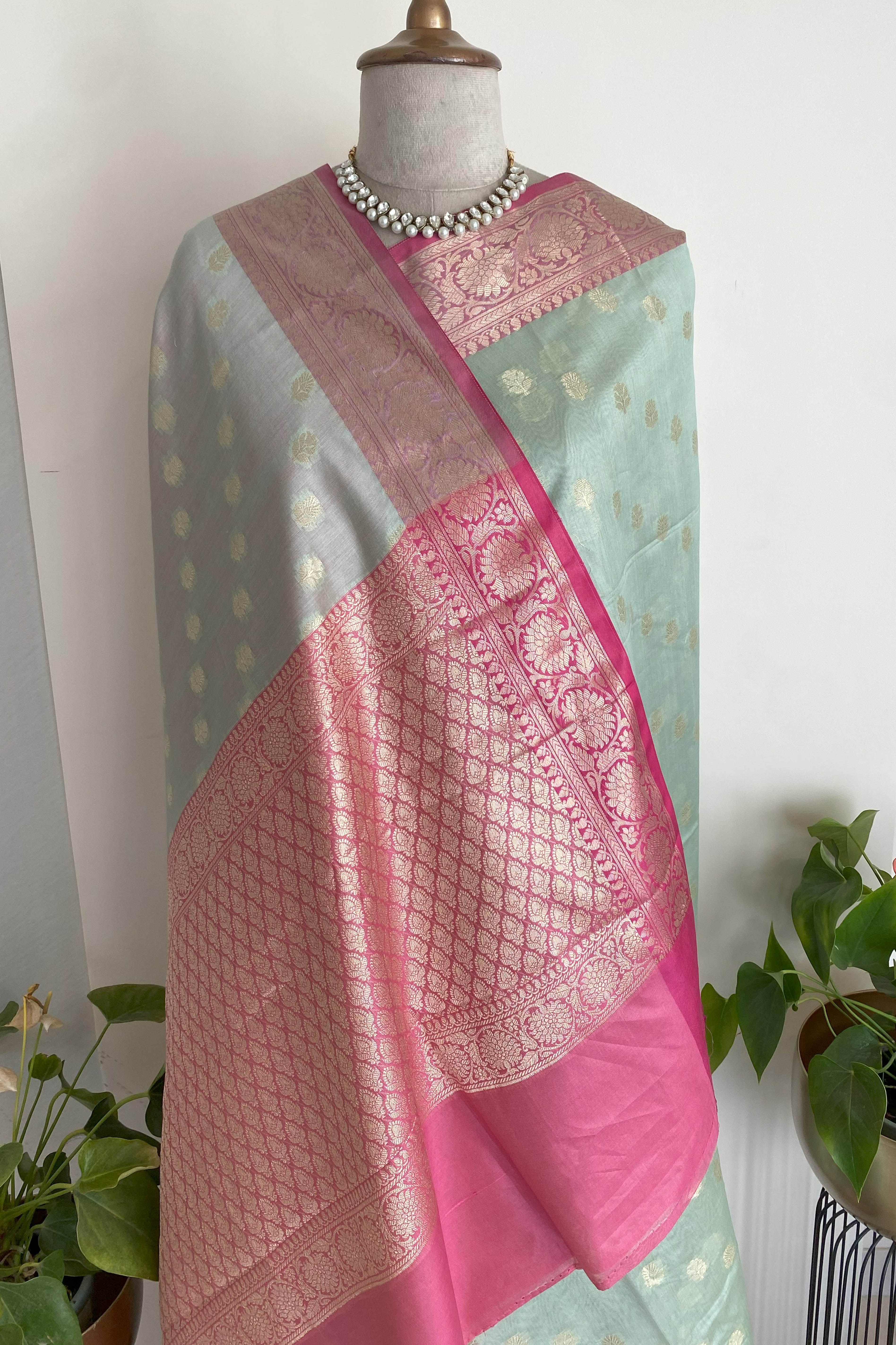 Arya Banarasi Mercerized Cotton Saree in Soft Pastel Green & Rich Pink Pallu