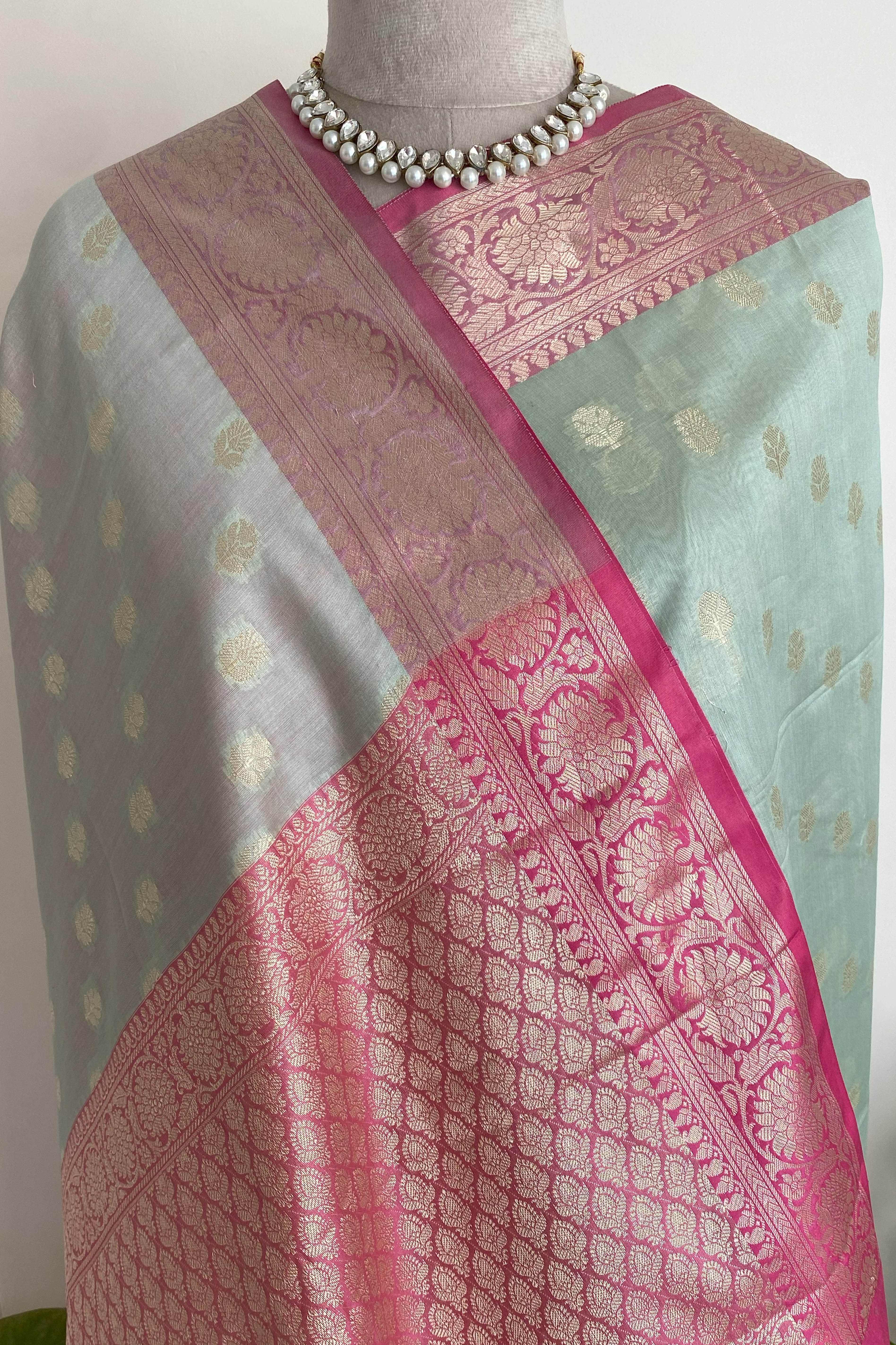 Arya Banarasi Mercerized Cotton Saree in Soft Pastel Green & Rich Pink Pallu