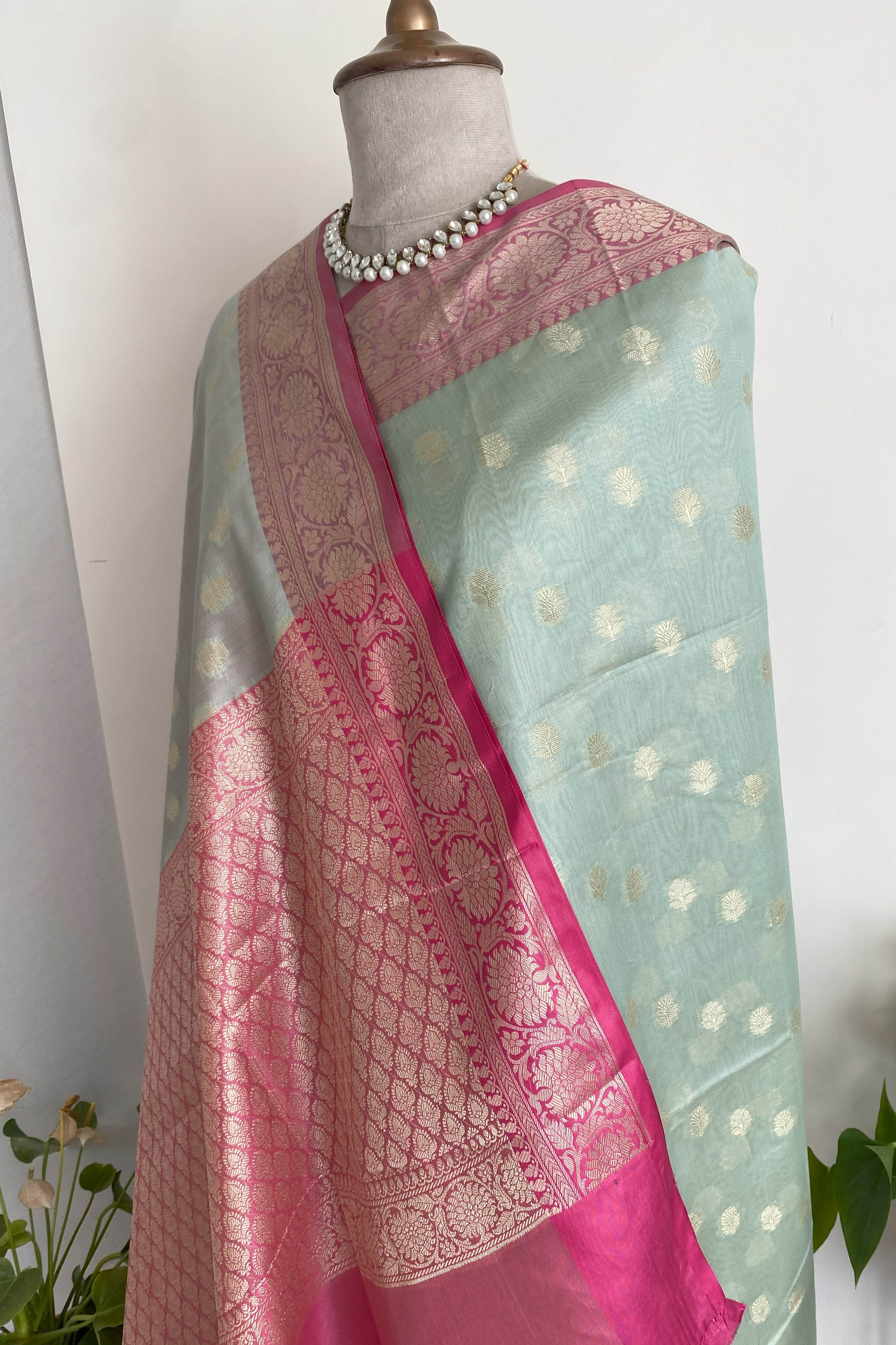 Arya Banarasi Mercerized Cotton Saree in Soft Pastel Green & Rich Pink Pallu