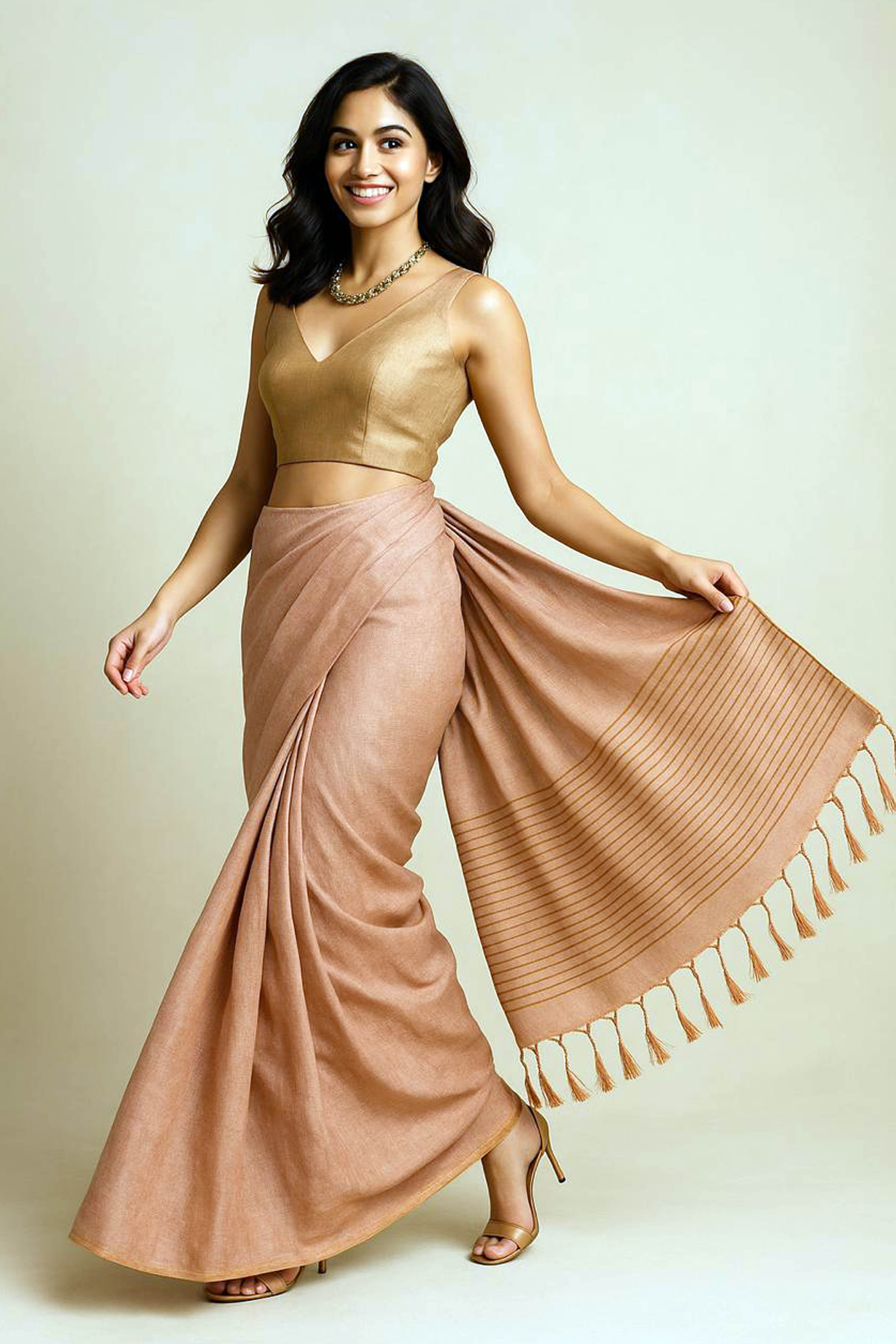 Risha Tissue Linen Saree in Dark Peach