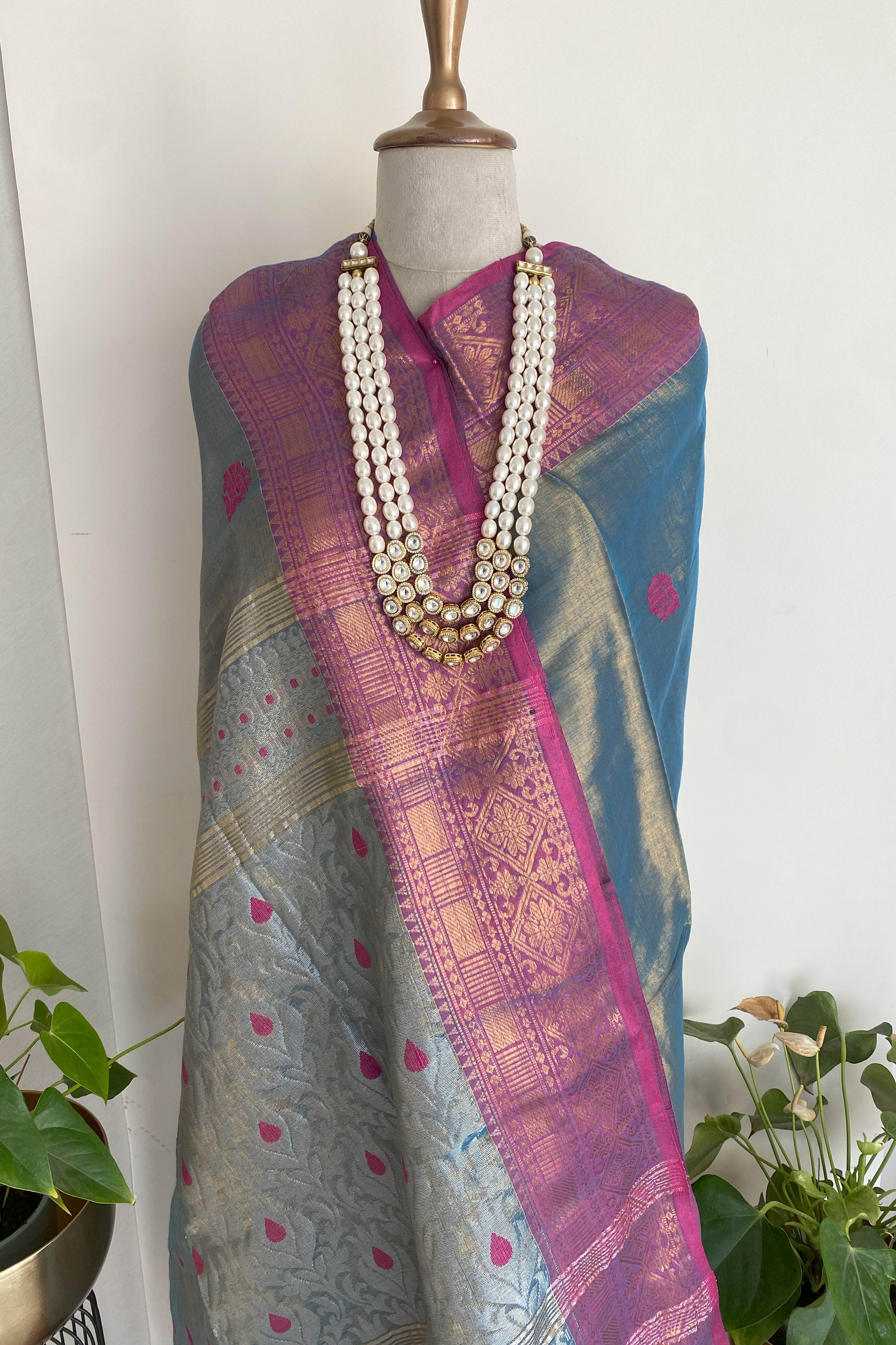 Netra Cotton Tissue Jamdani Saree in Bluish Grey Colour with Rani & Silver Buttas