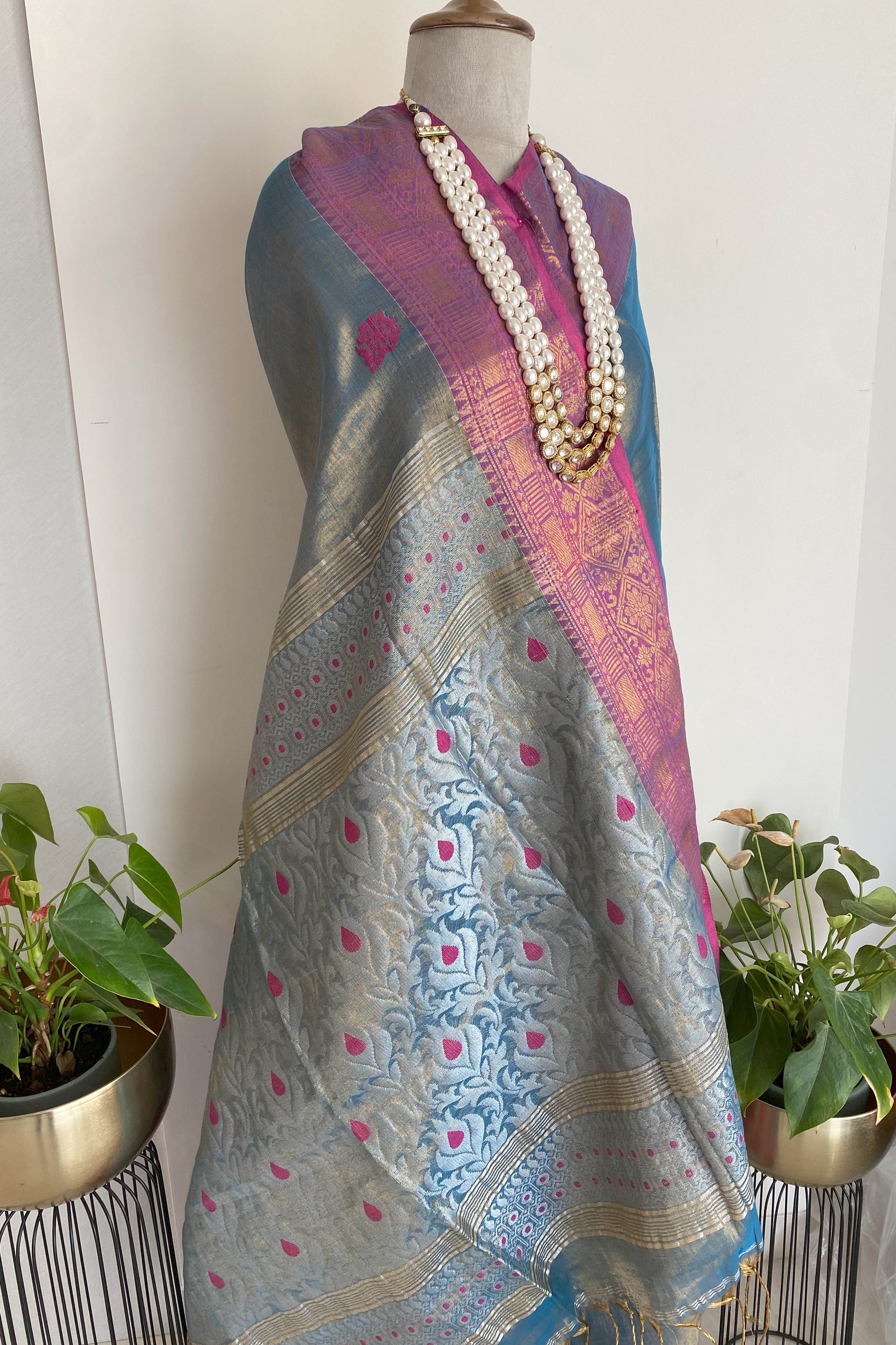 Netra Cotton Tissue Jamdani Saree in Bluish Grey Colour with Rani & Silver Buttas