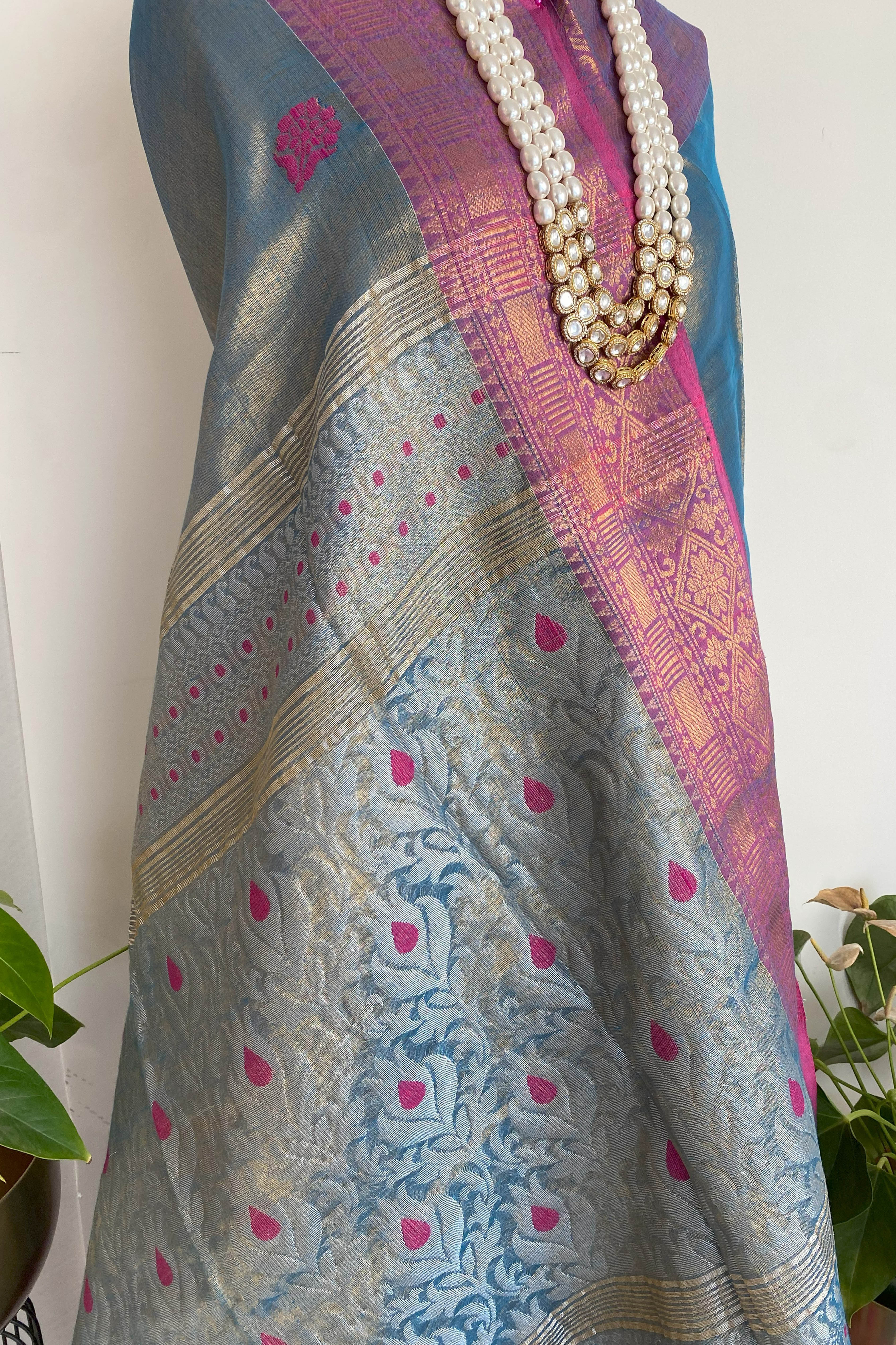 Netra Cotton Tissue Jamdani Saree in Bluish Grey Colour with Rani & Silver Buttas