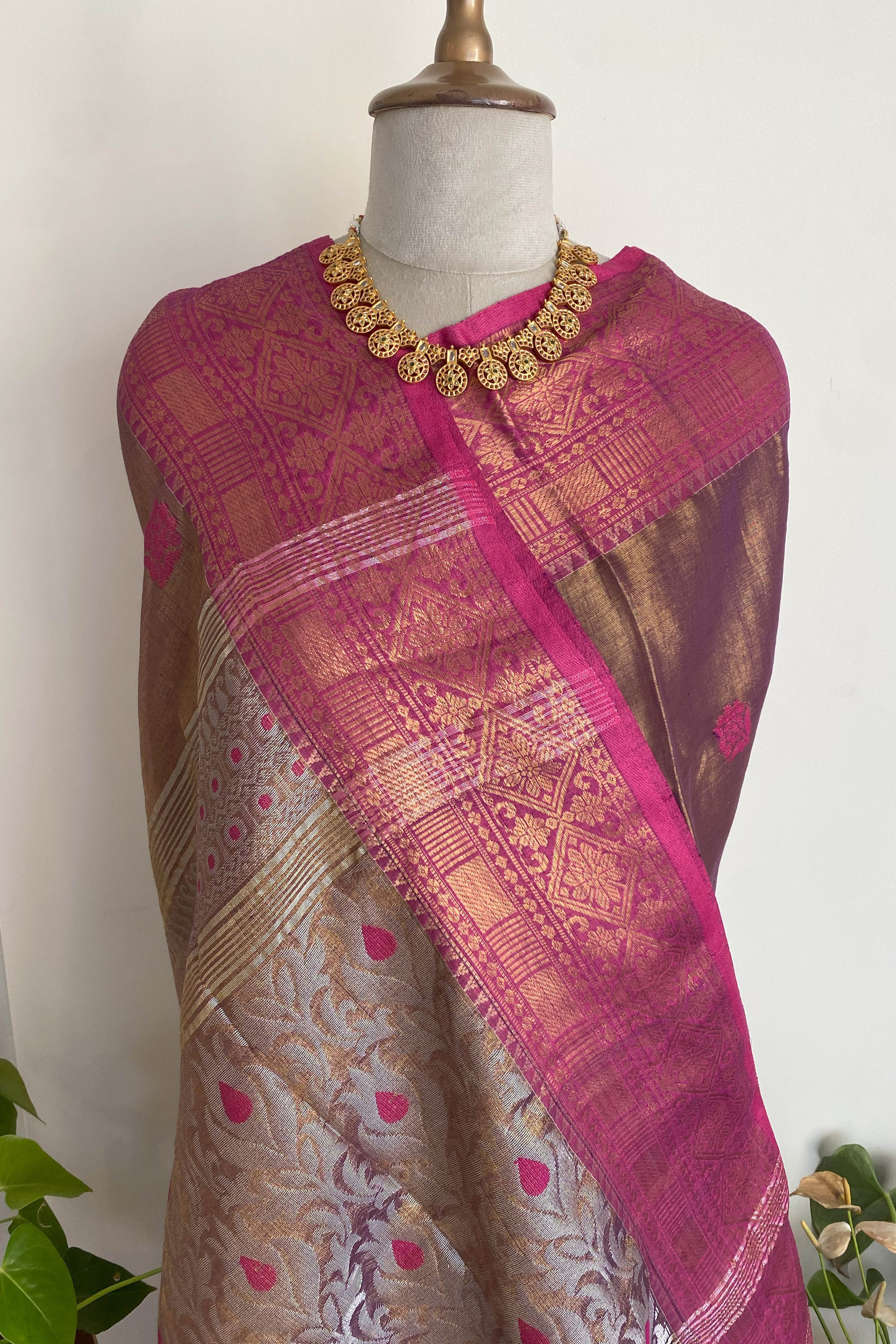 Reeva Cotton Tissue Jamdani Saree in Copper Brown Colour with Rani & Silver Buttas