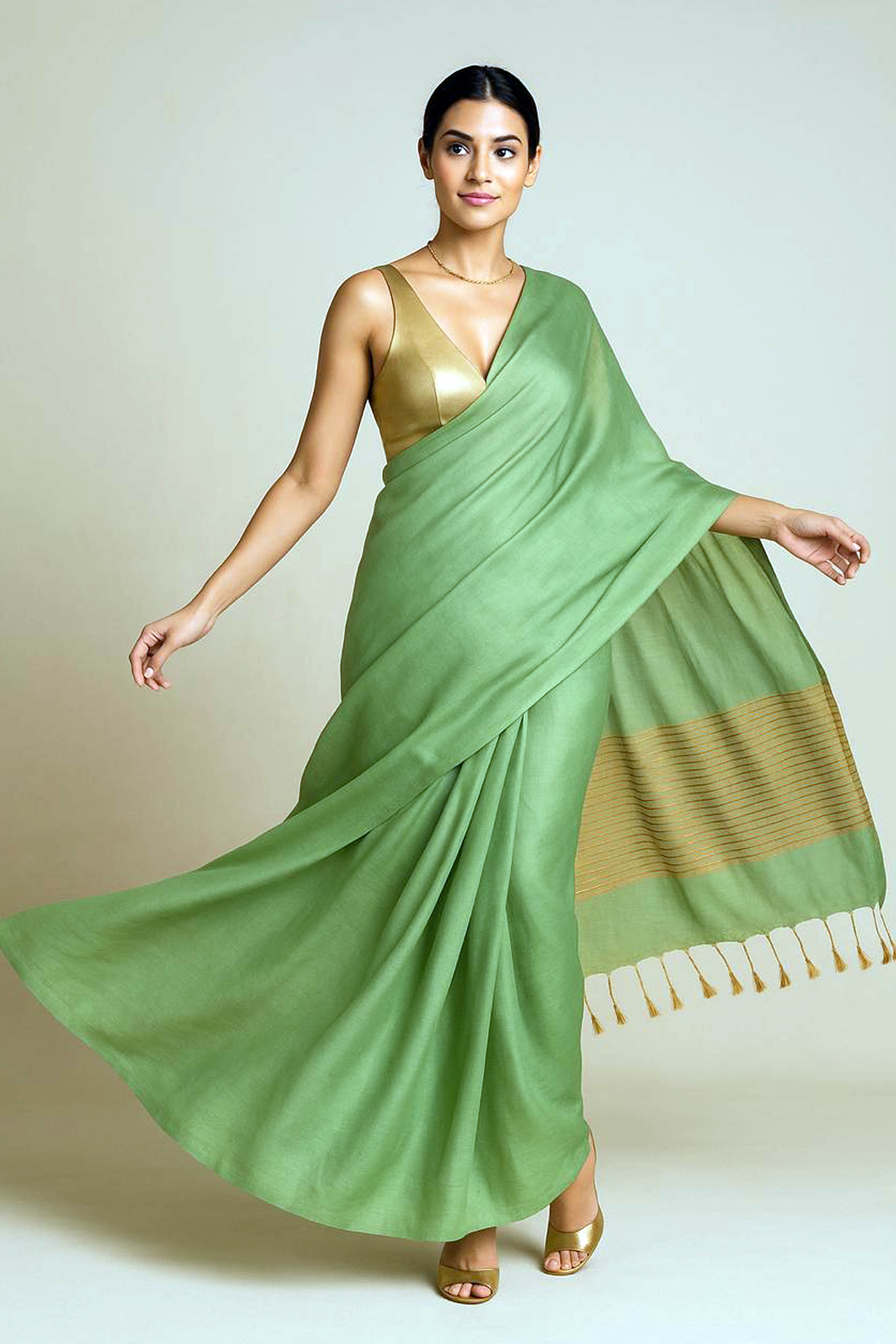 Revati Tissue Linen Saree in Moss Green