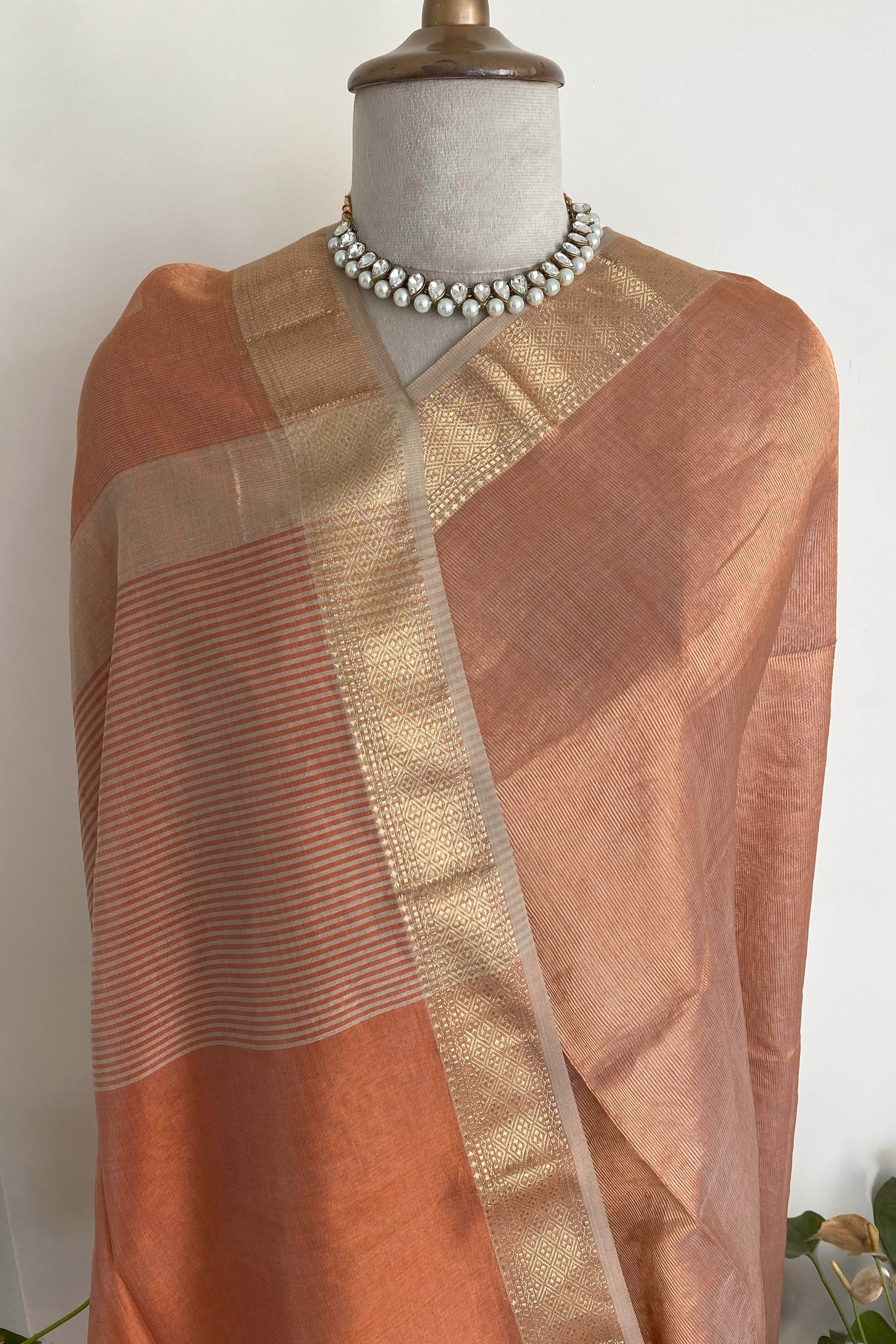 Shreyanshi Maheshwari Silk Cotton Tissue Saree in Copper Colour with Chatai Border