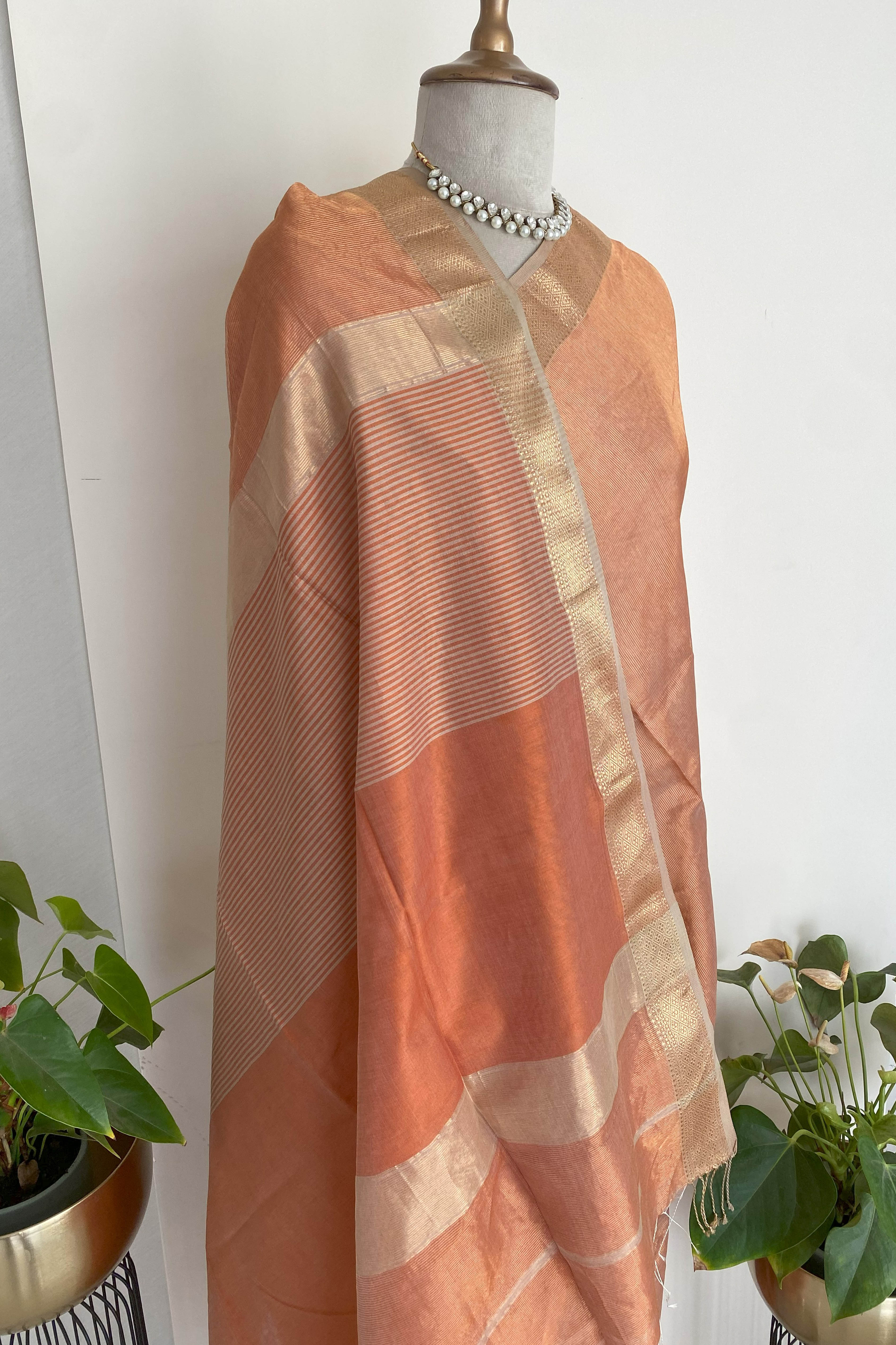 Shreyanshi Maheshwari Silk Cotton Tissue Saree in Copper Colour with Chatai Border