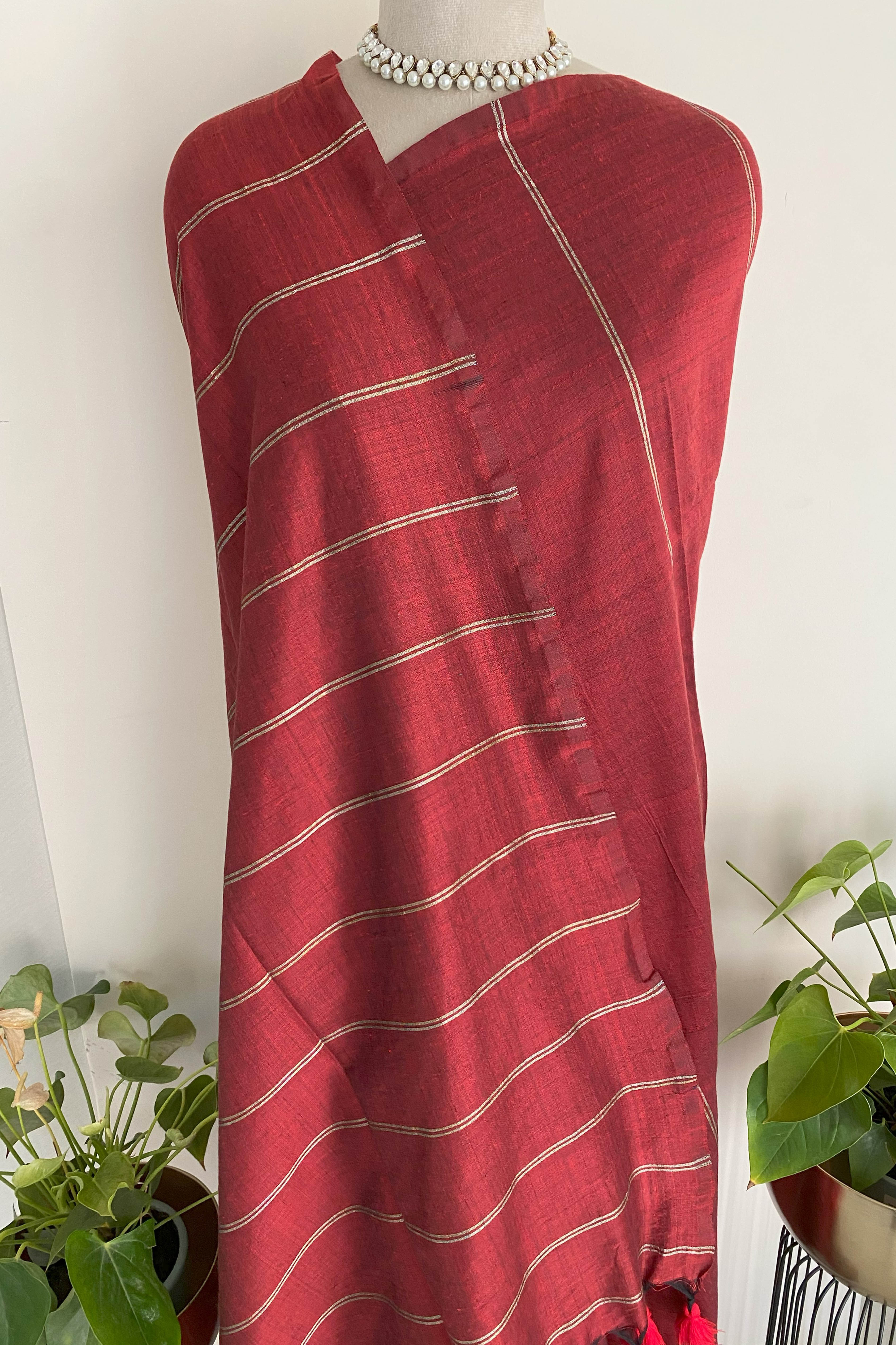 Rohini Pure Cotton Red Saree with Gold Stripes