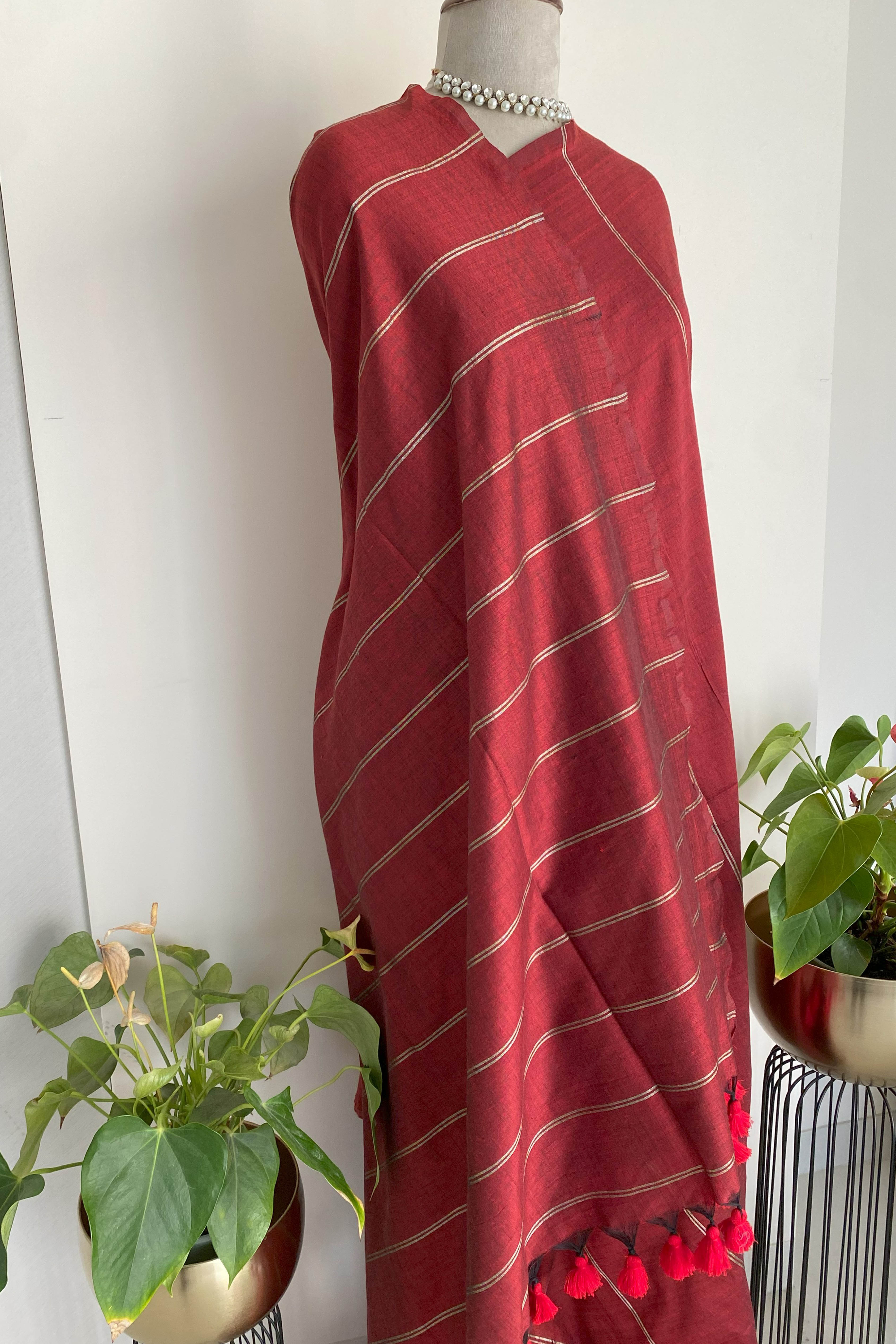 Rohini Pure Cotton Red Saree with Gold Stripes