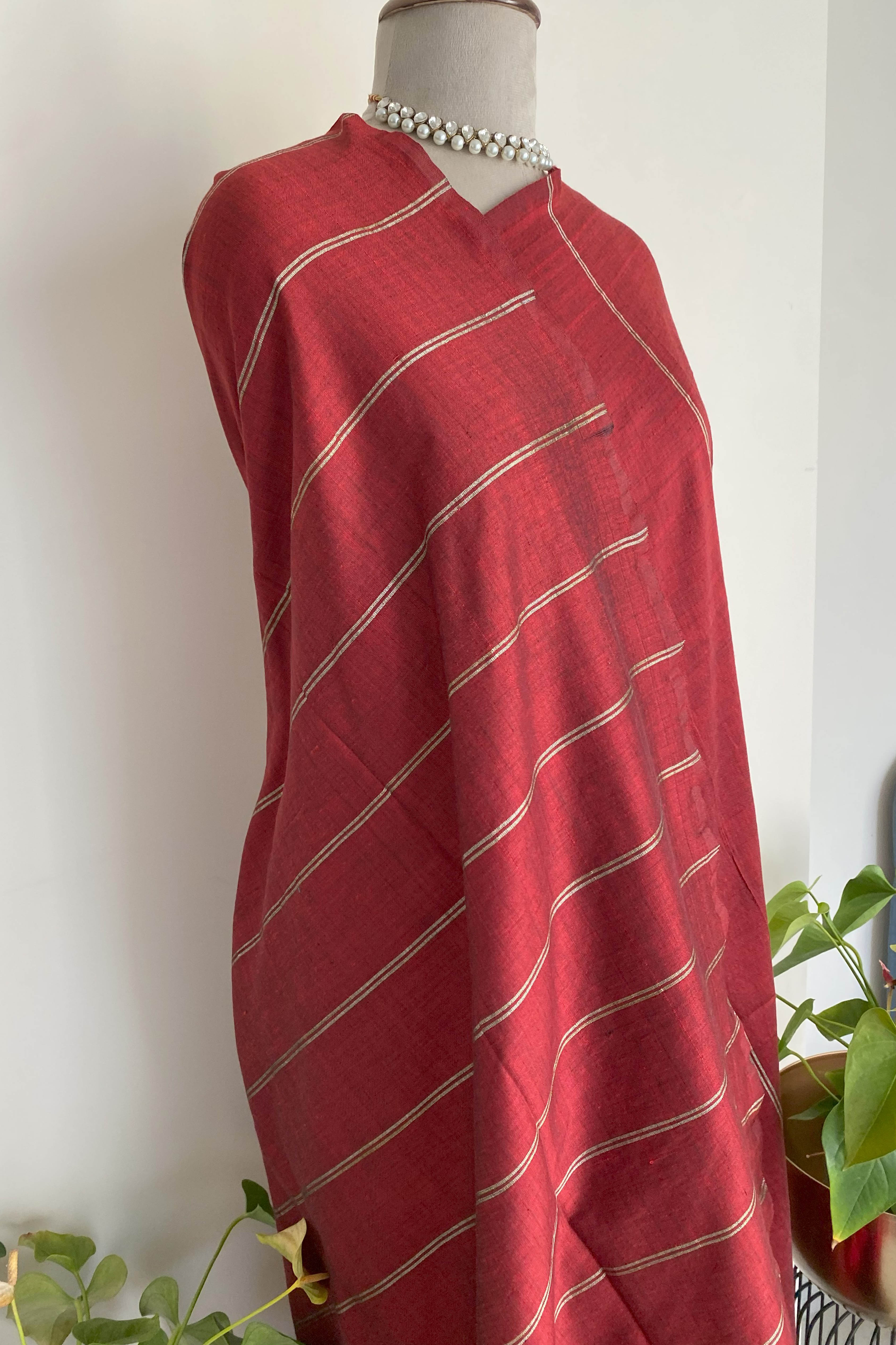 Rohini Pure Cotton Red Saree with Gold Stripes
