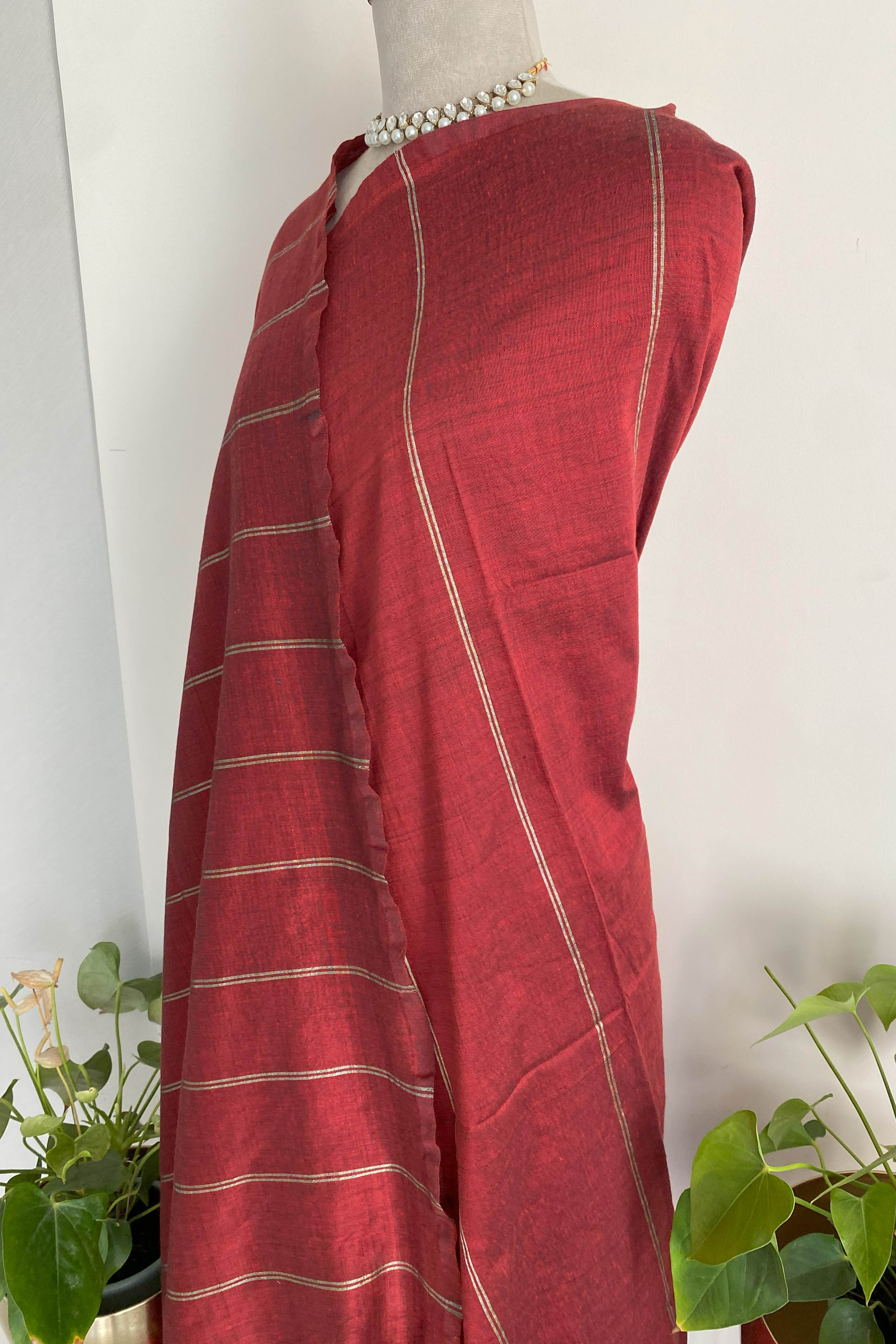 Rohini Pure Cotton Red Saree with Gold Stripes
