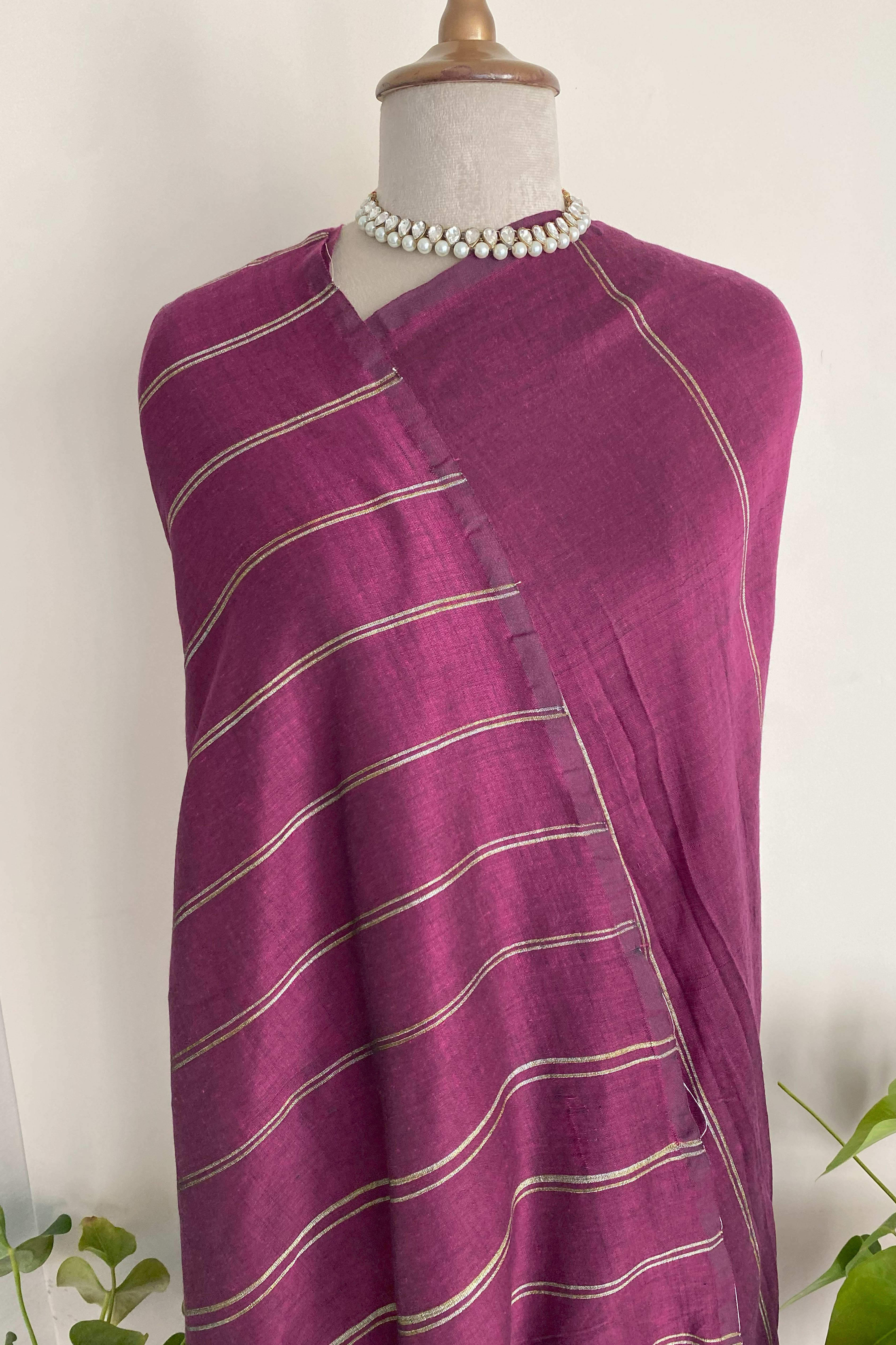 Rihana Pure Cotton Magenta Saree with Matt Gold Stripes
