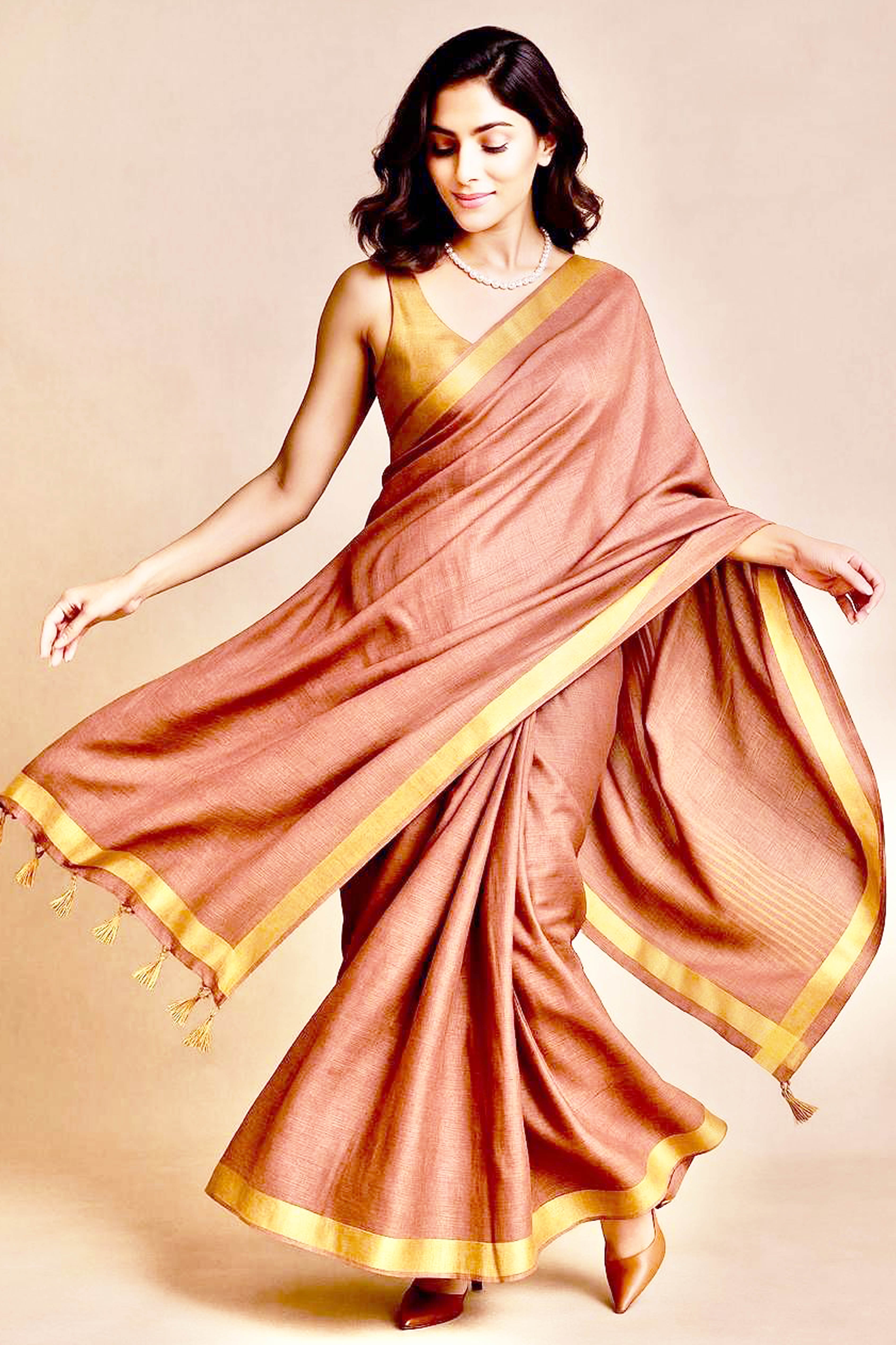 Alya Kota cotton Saree in Copper Brown Colour with Golden Border