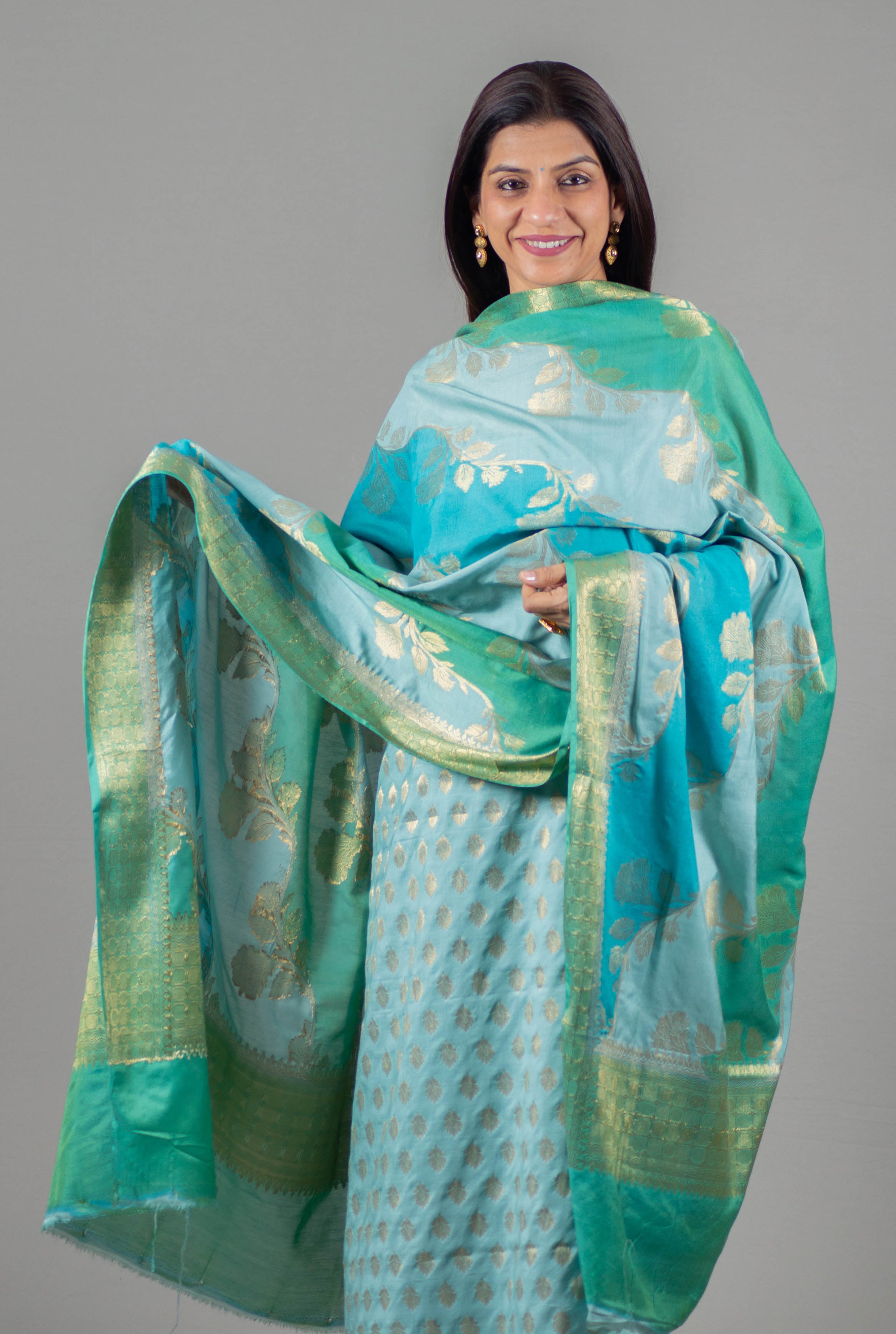 Mehak Pure Banarasi Rangkat Silk Unstitched Suit Set in Aquamarine Allure Colour