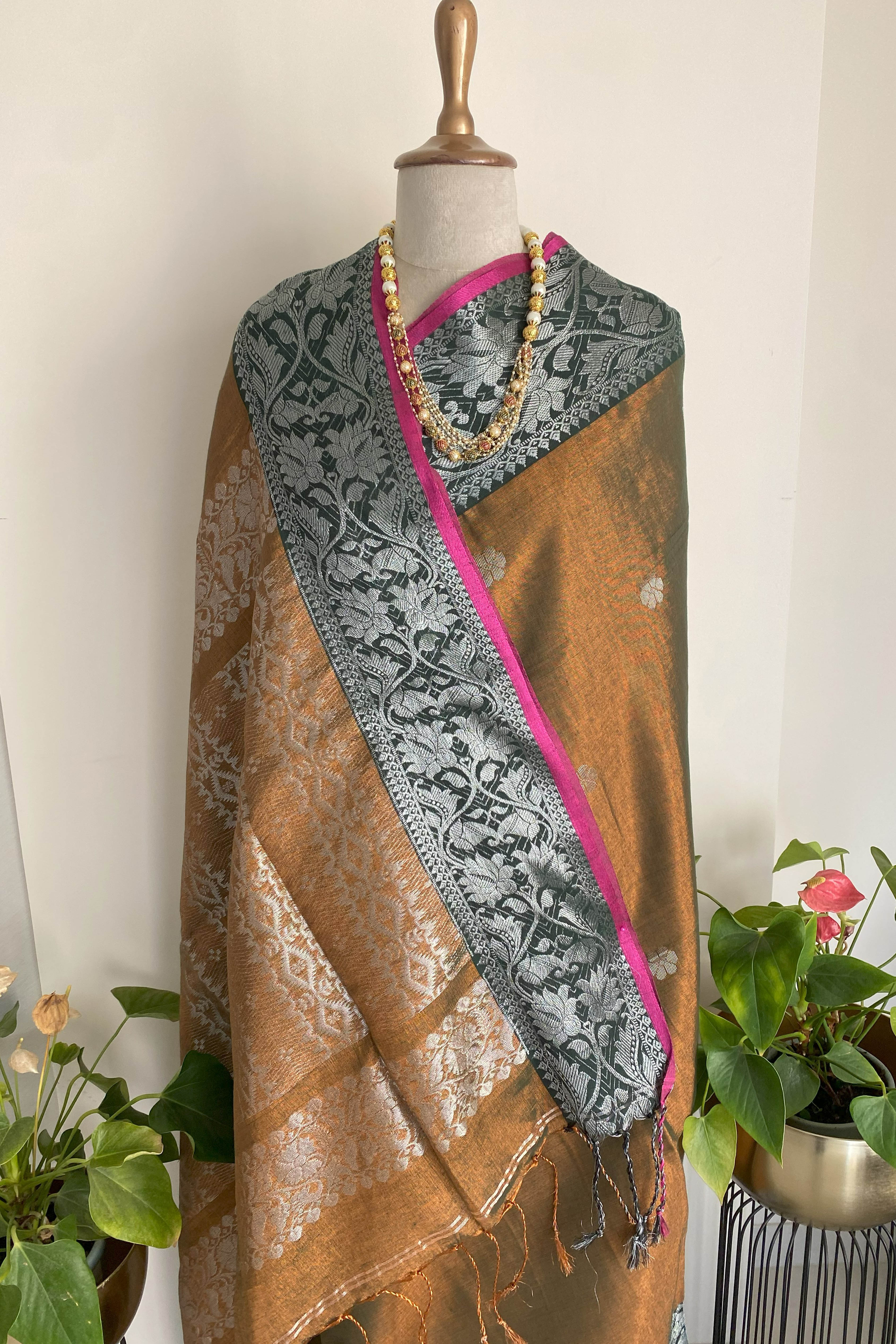 Sharmila Tissue Linen Saree with Banarasi Weave in Two Tone Shades of Green & Brown - Indian Handloomz