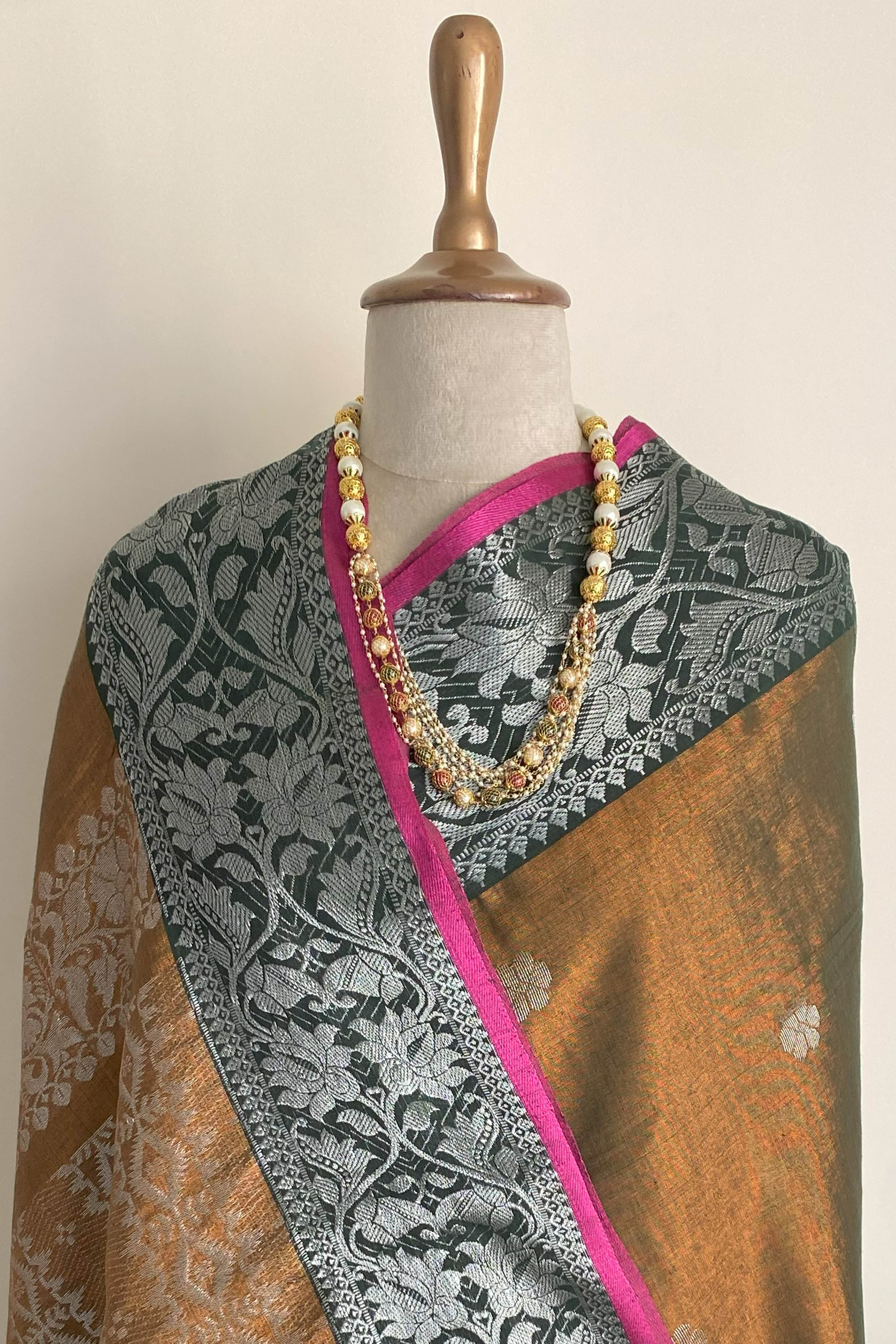Sharmila Tissue Linen Saree with Banarasi Weave in Two Tone Shades of Green & Brown