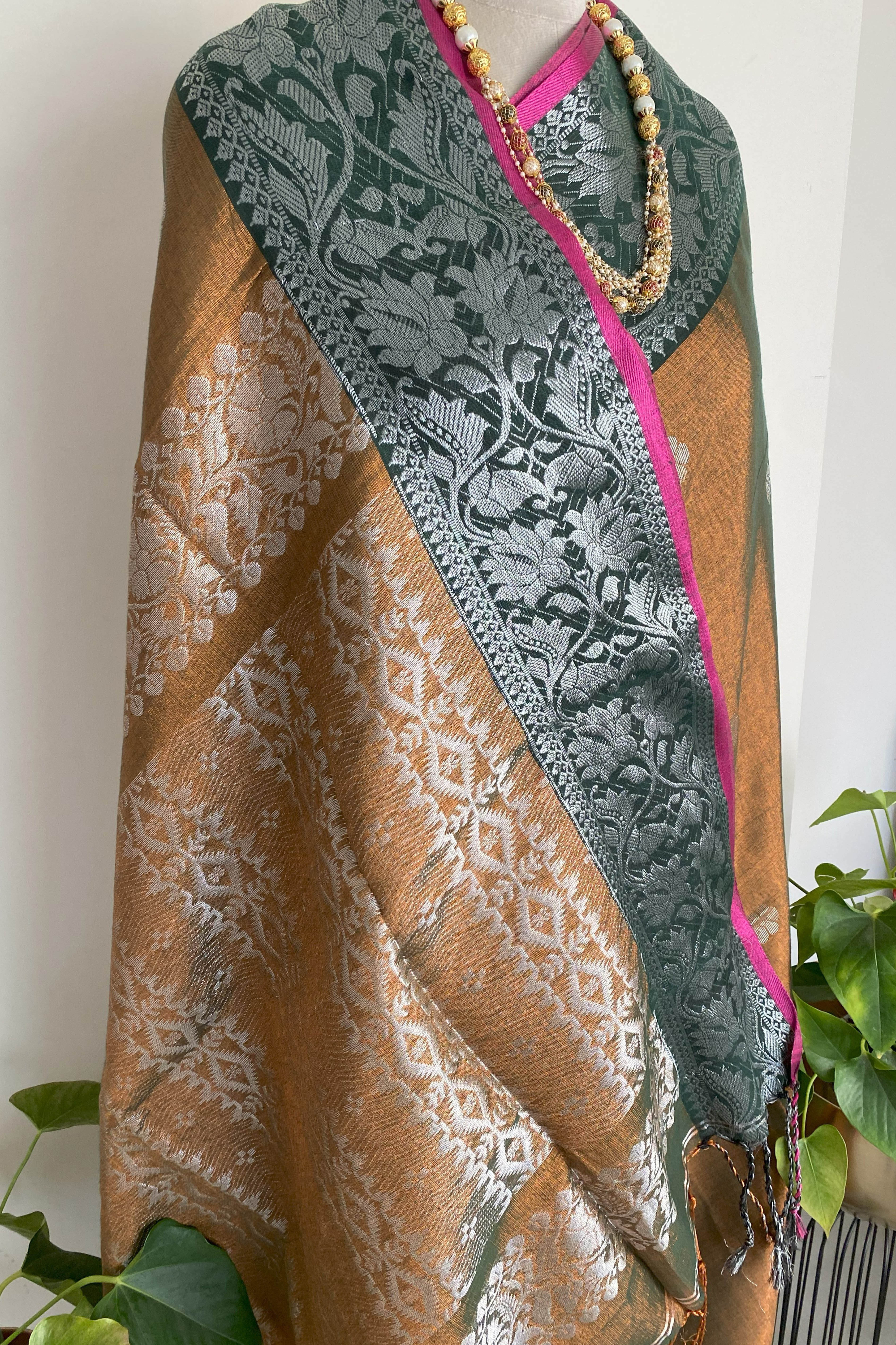 Sharmila Tissue Linen Saree with Banarasi Weave in Two Tone Shades of Green & Brown - Indian Handloomz
