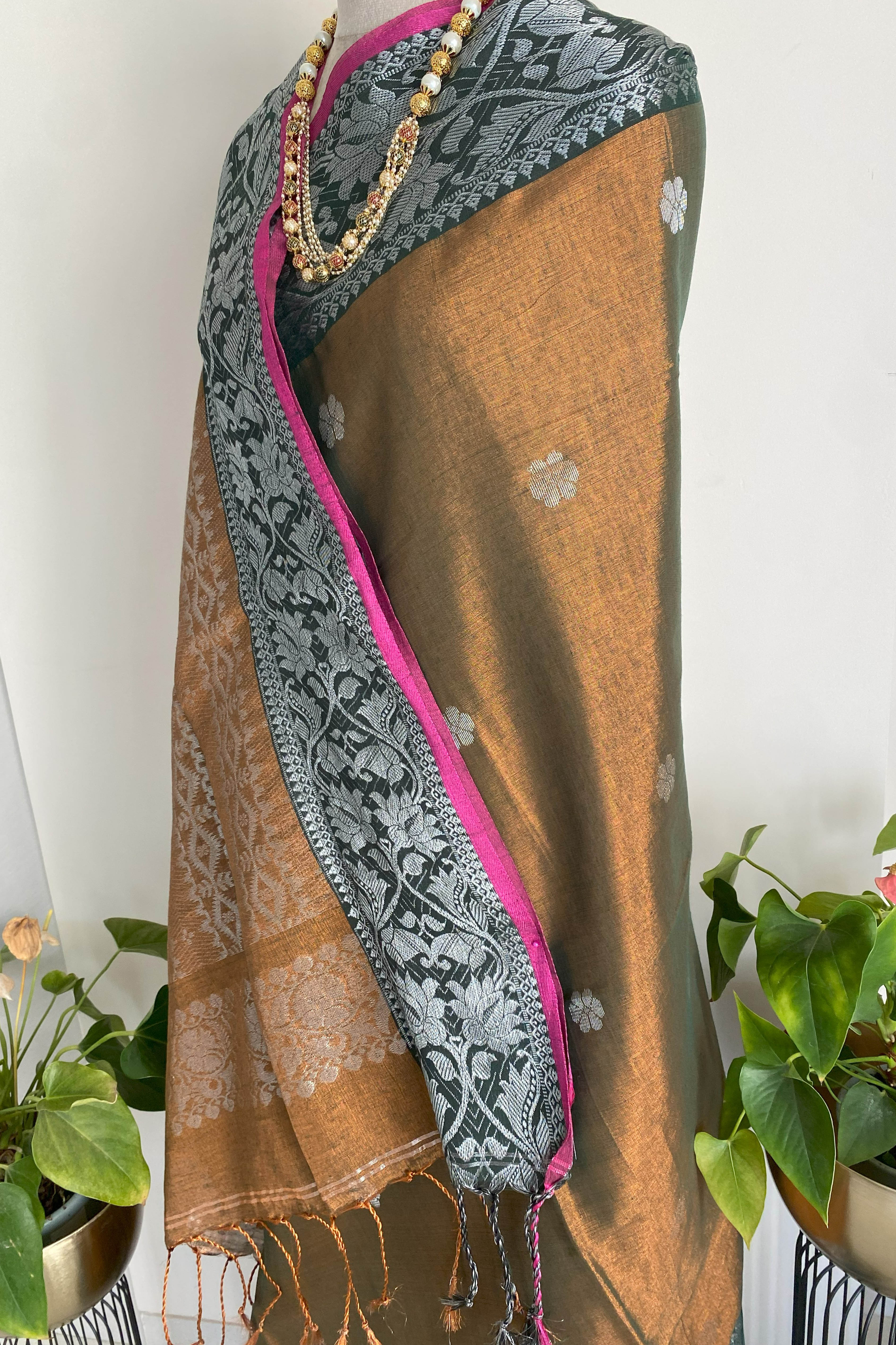 Sharmila Tissue Linen Saree with Banarasi Weave in Two Tone Shades of Green & Brown - Indian Handloomz