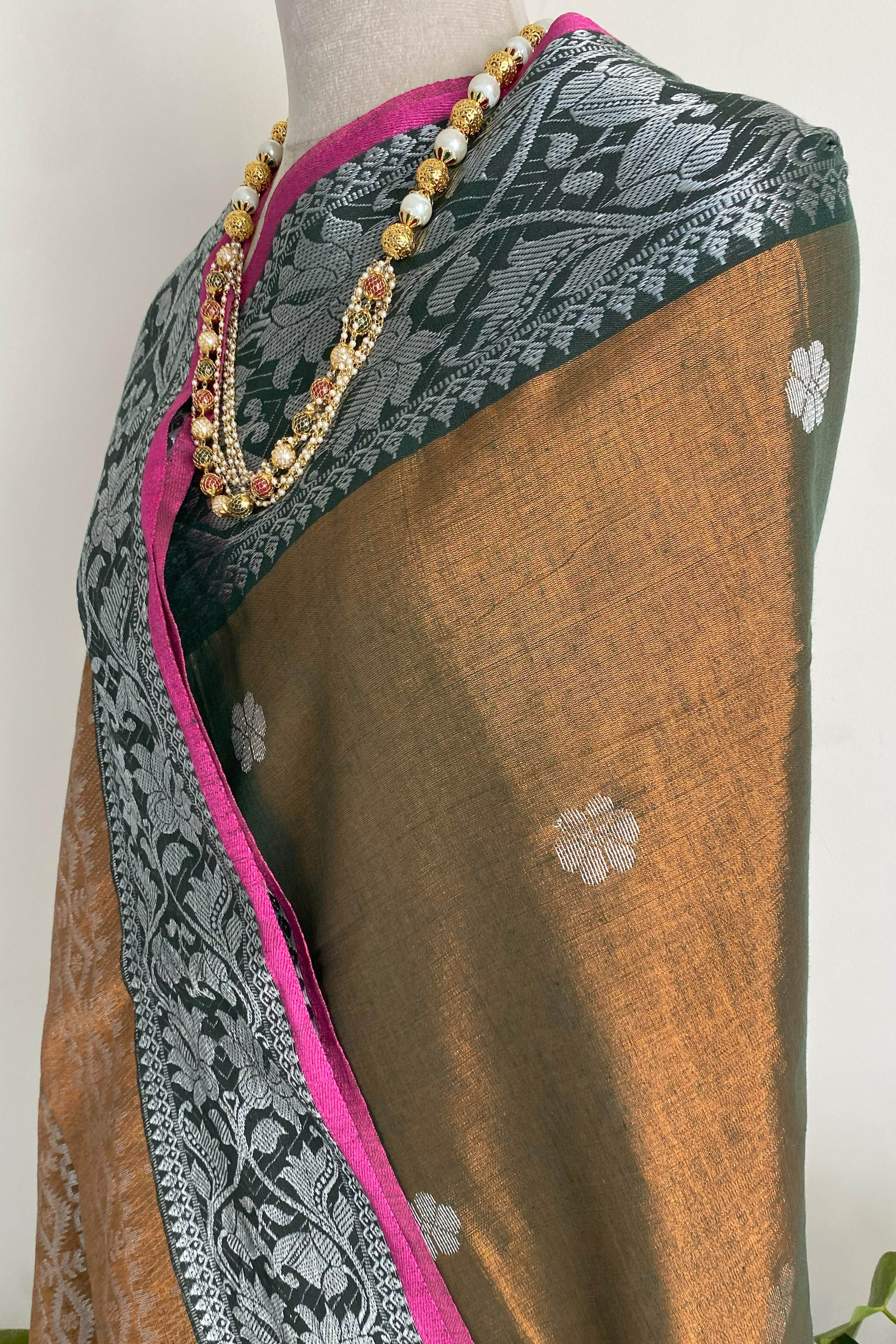Sharmila Tissue Linen Saree with Banarasi Weave in Two Tone Shades of Green & Brown - Indian Handloomz