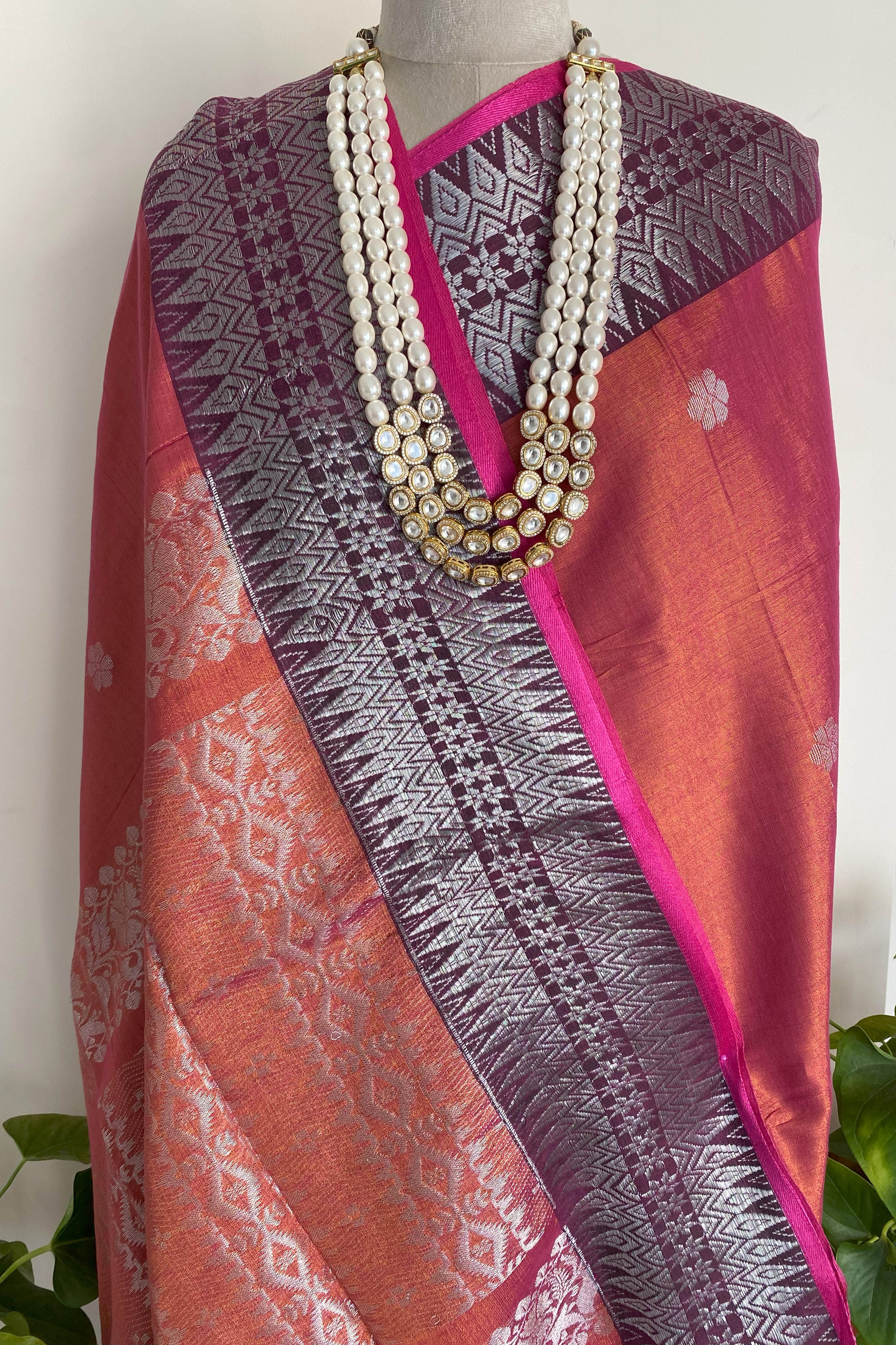 Surkhi Tissue Linen Saree with Banarasi Weave in Two Tone Shades of Reddish Pink with Golden