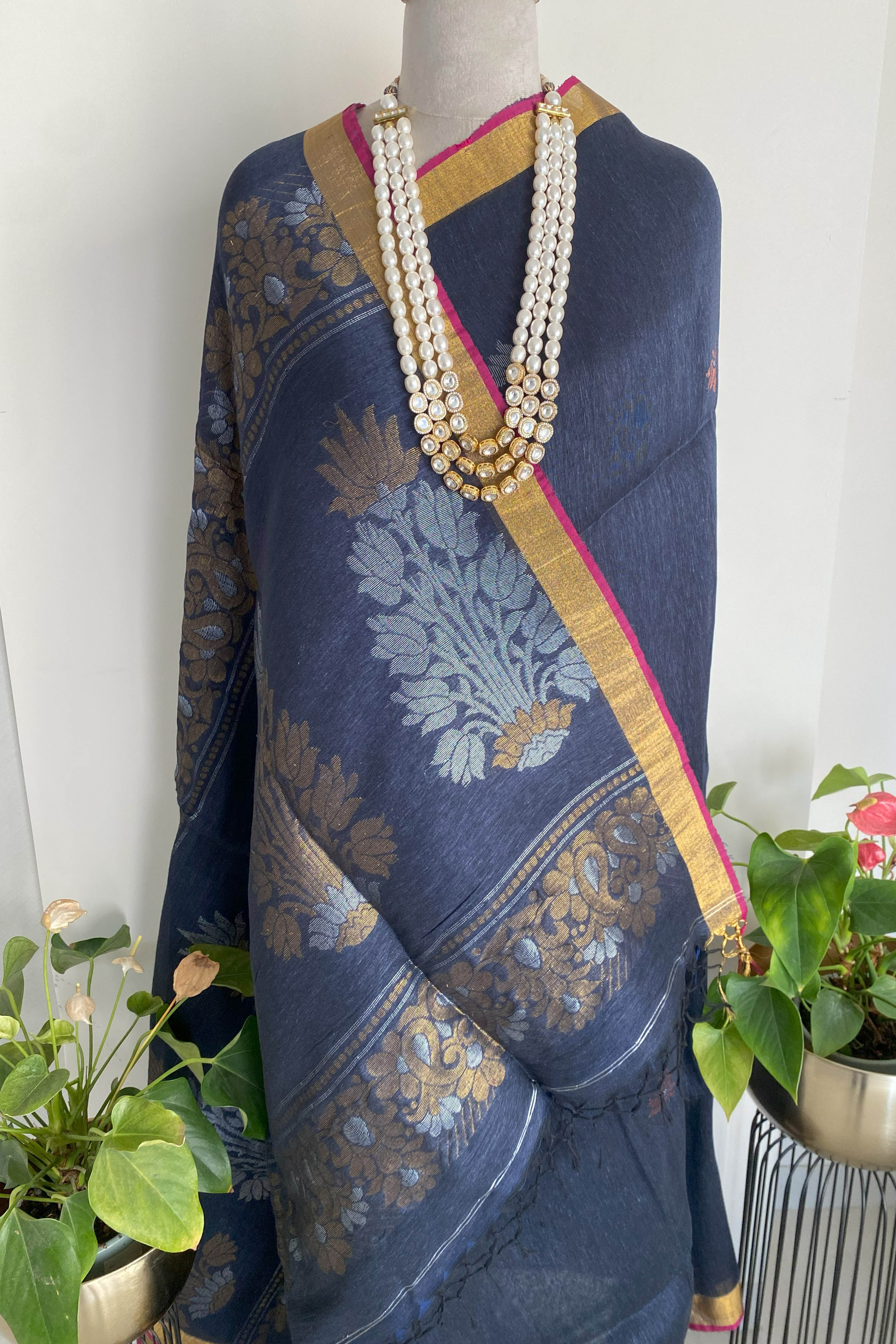 Neva Pure Linen Cotton Saree in Dark Blue Colour with Silver & Copper Buttas