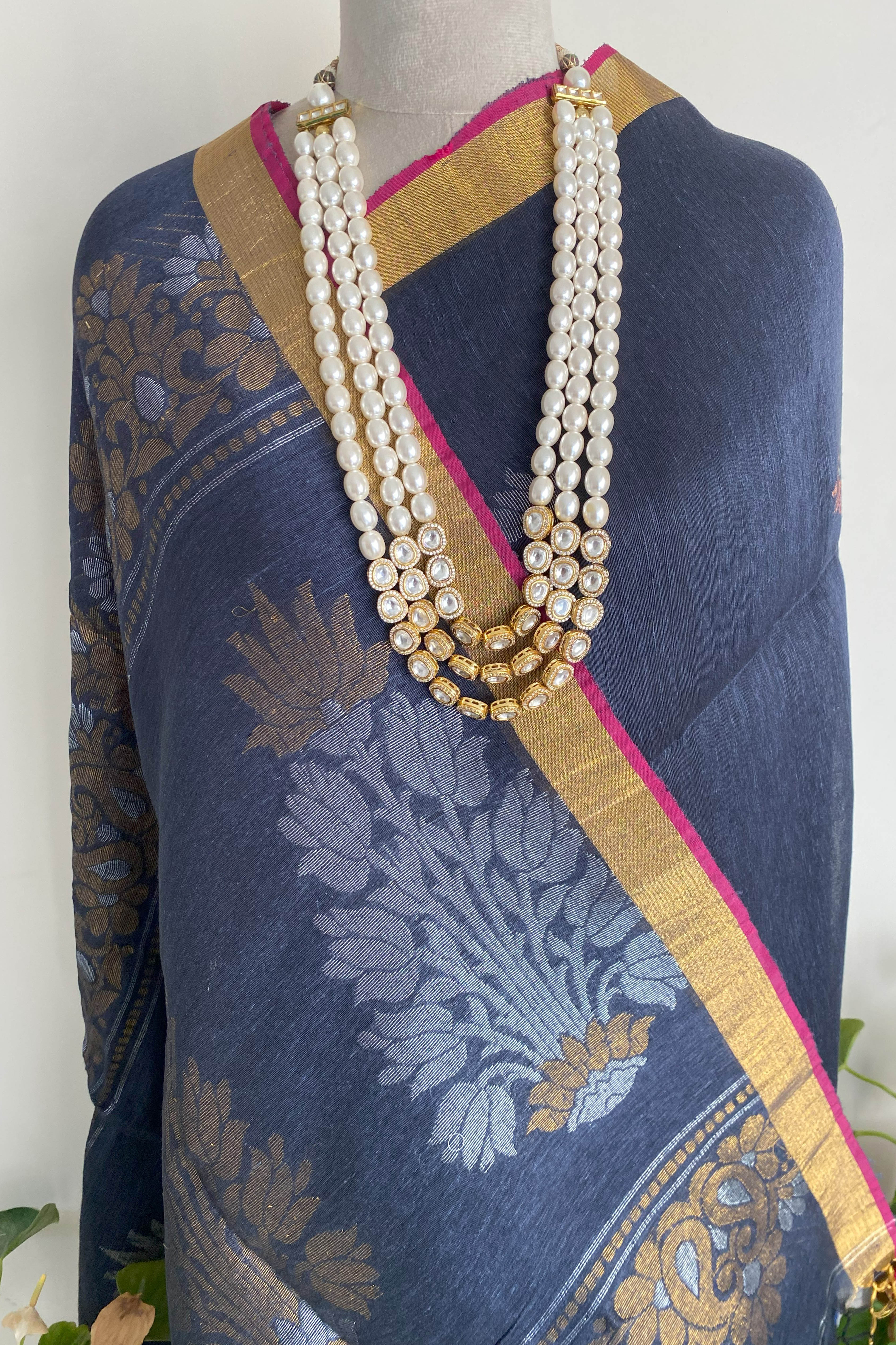 Neva Pure Linen Cotton Saree in Dark Blue Colour with Silver & Copper Buttas