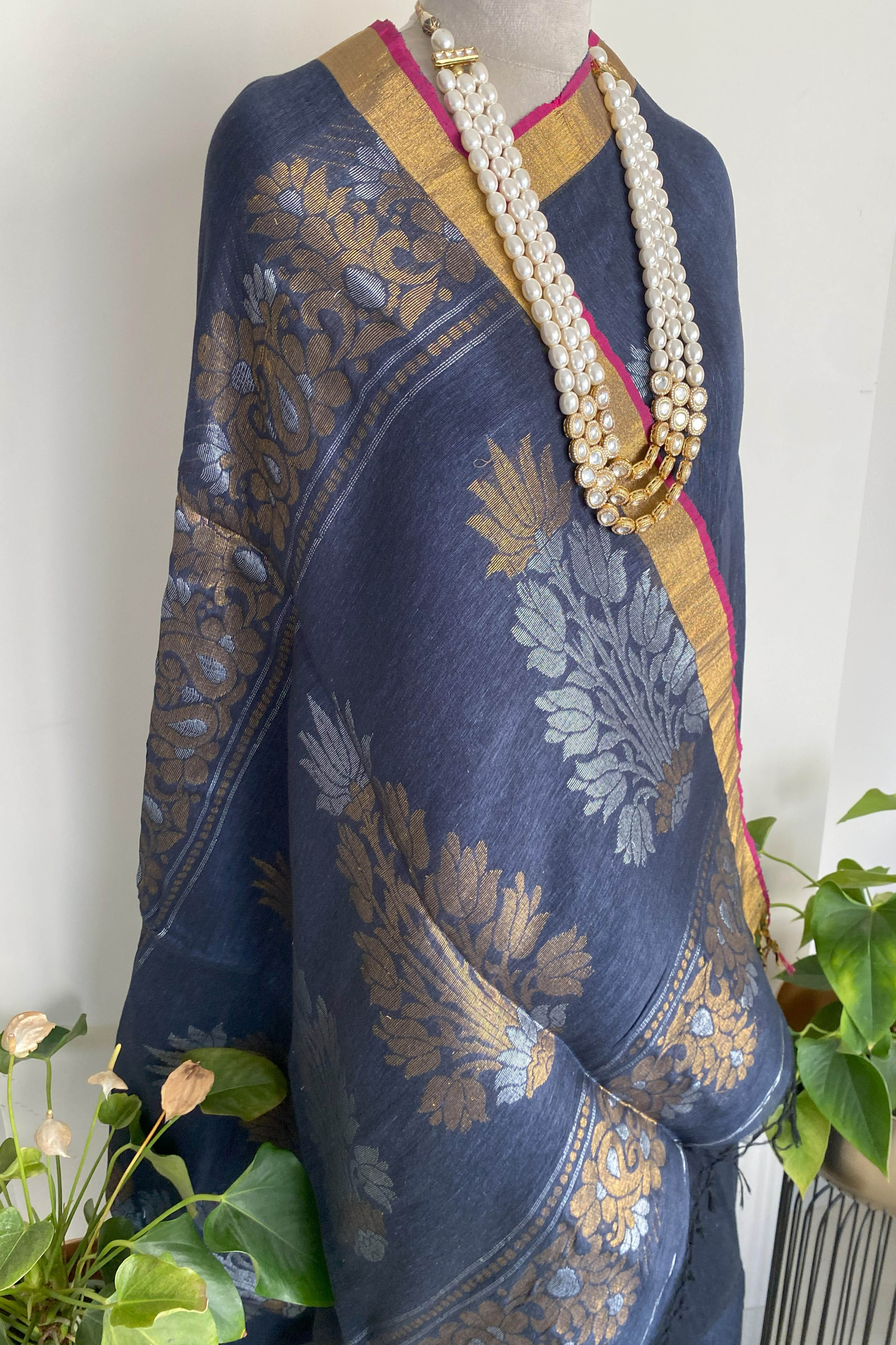 Neva Pure Linen Cotton Saree in Dark Blue Colour with Silver & Copper Buttas