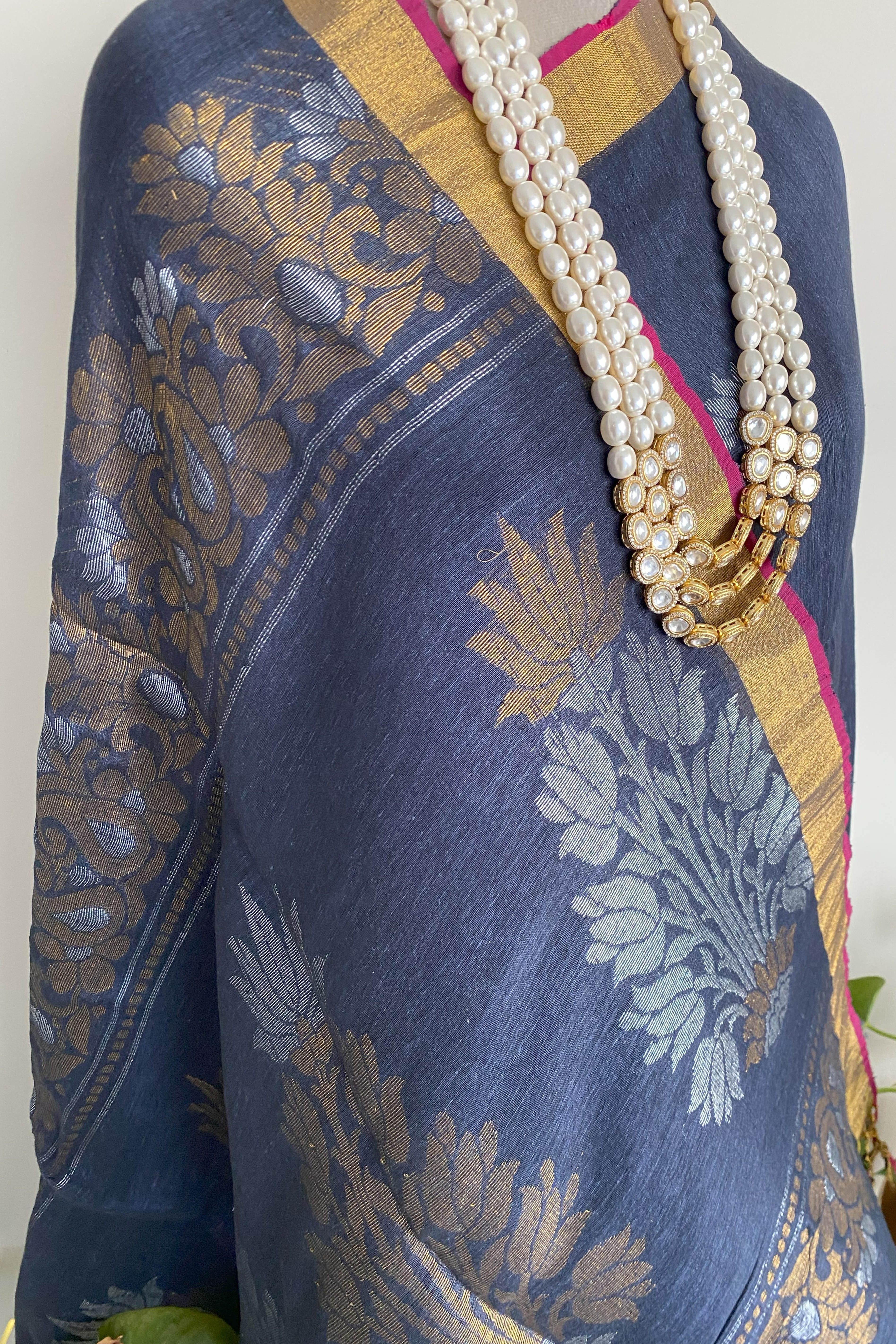 Neva Pure Linen Cotton Saree in Dark Blue Colour with Silver & Copper Buttas