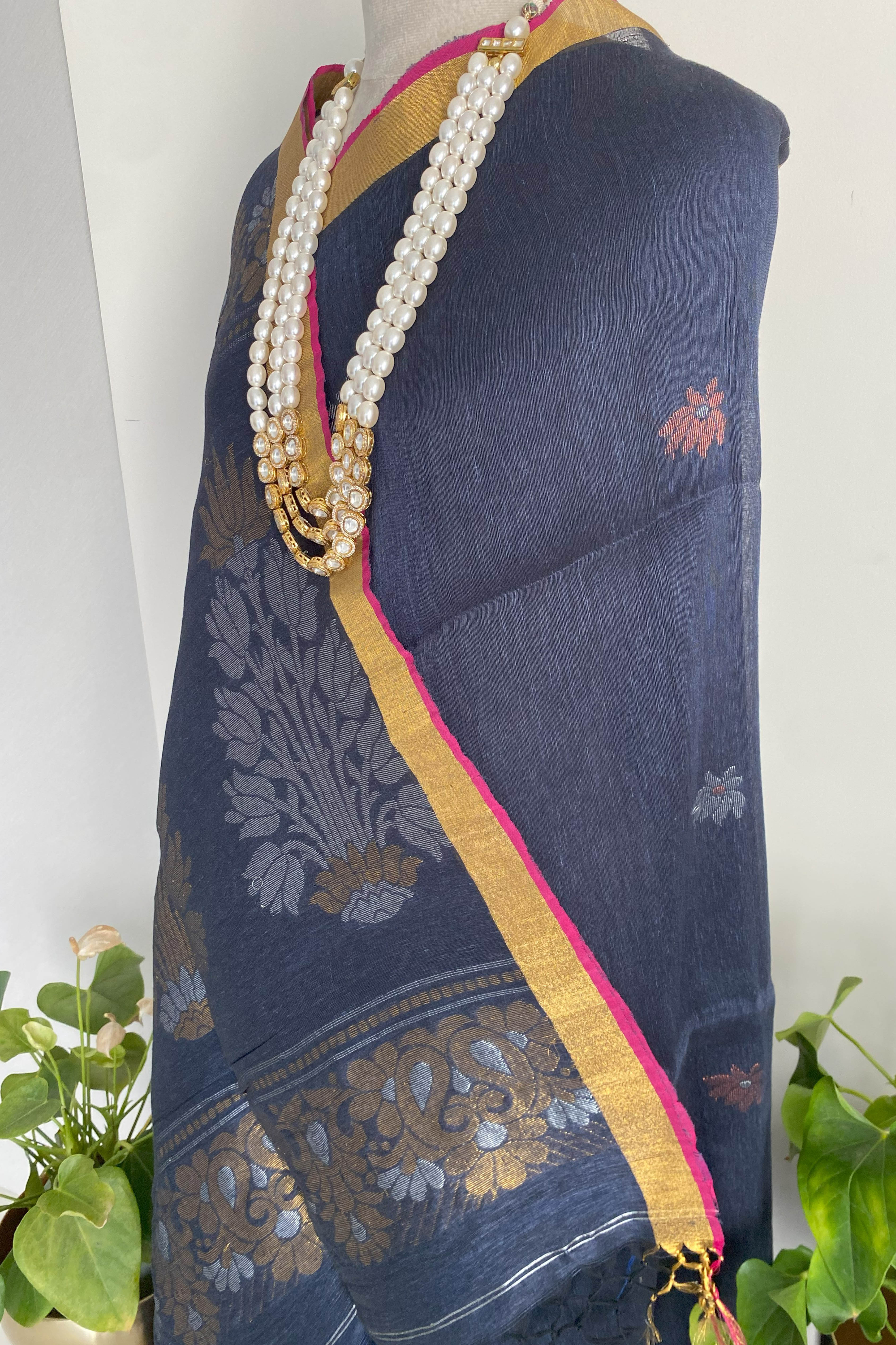 Neva Pure Linen Cotton Saree in Dark Blue Colour with Silver & Copper Buttas