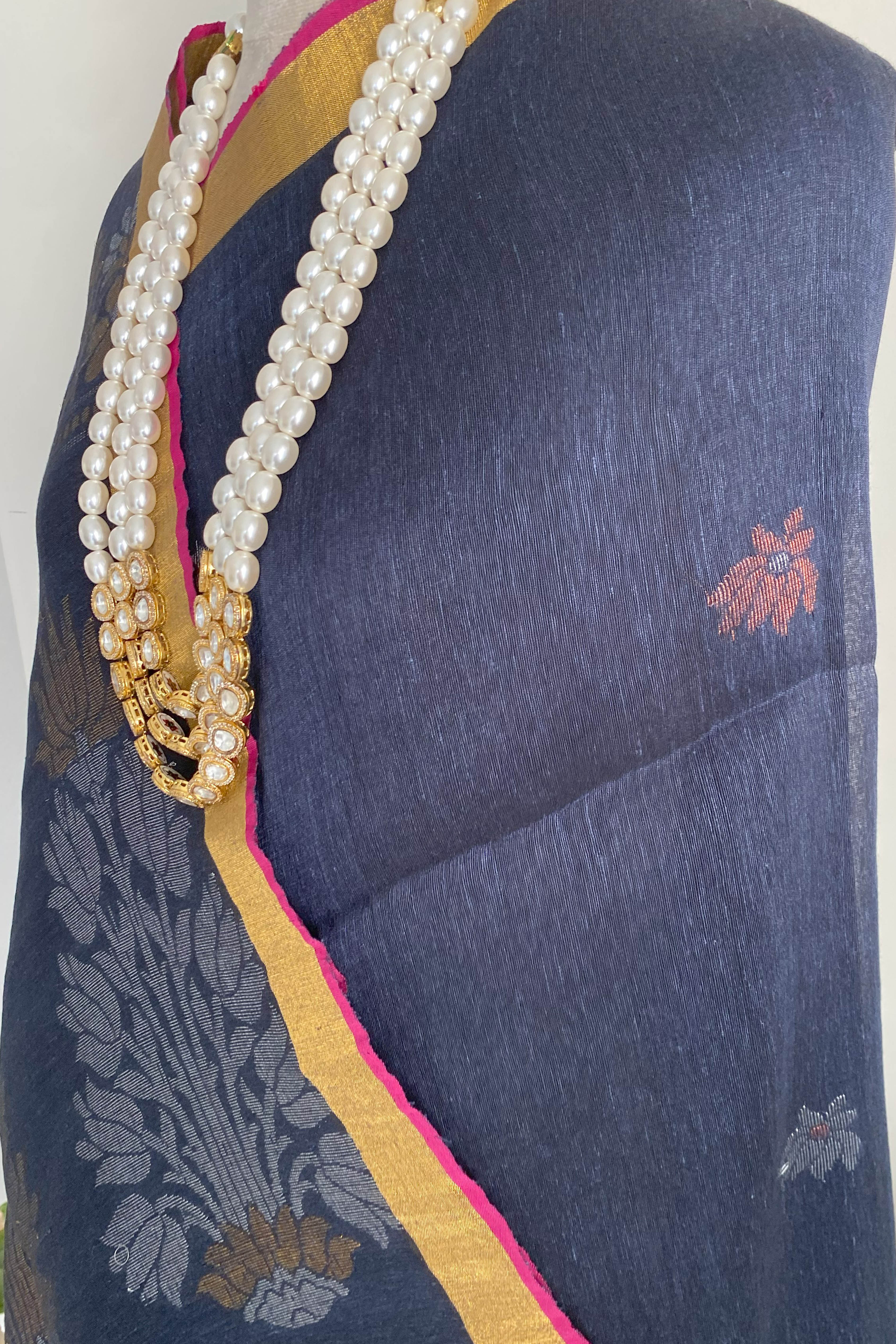 Neva Pure Linen Cotton Saree in Dark Blue Colour with Silver & Copper Buttas