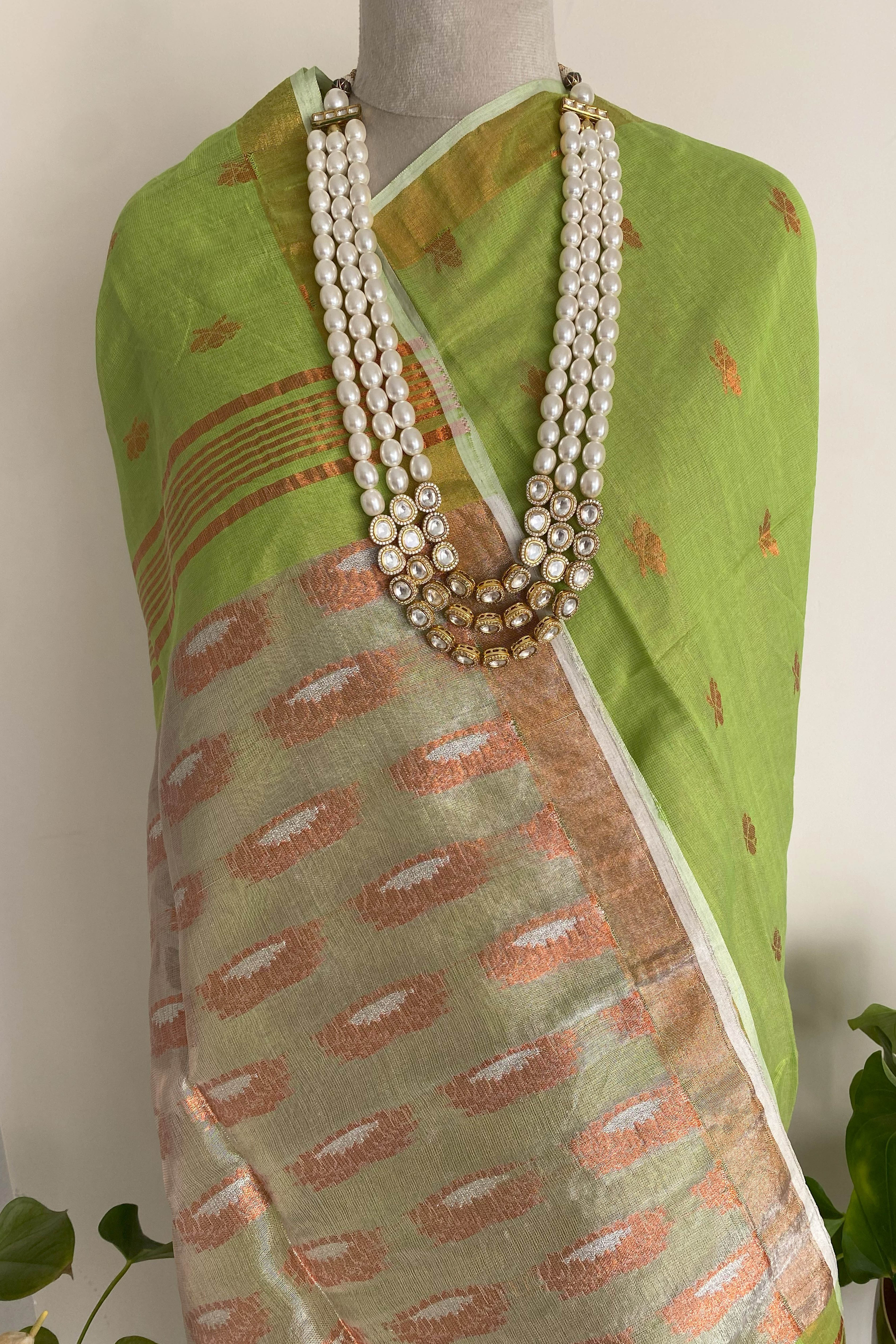 Haritah Jamdani Cotton Tissue Saree in Parrot Green