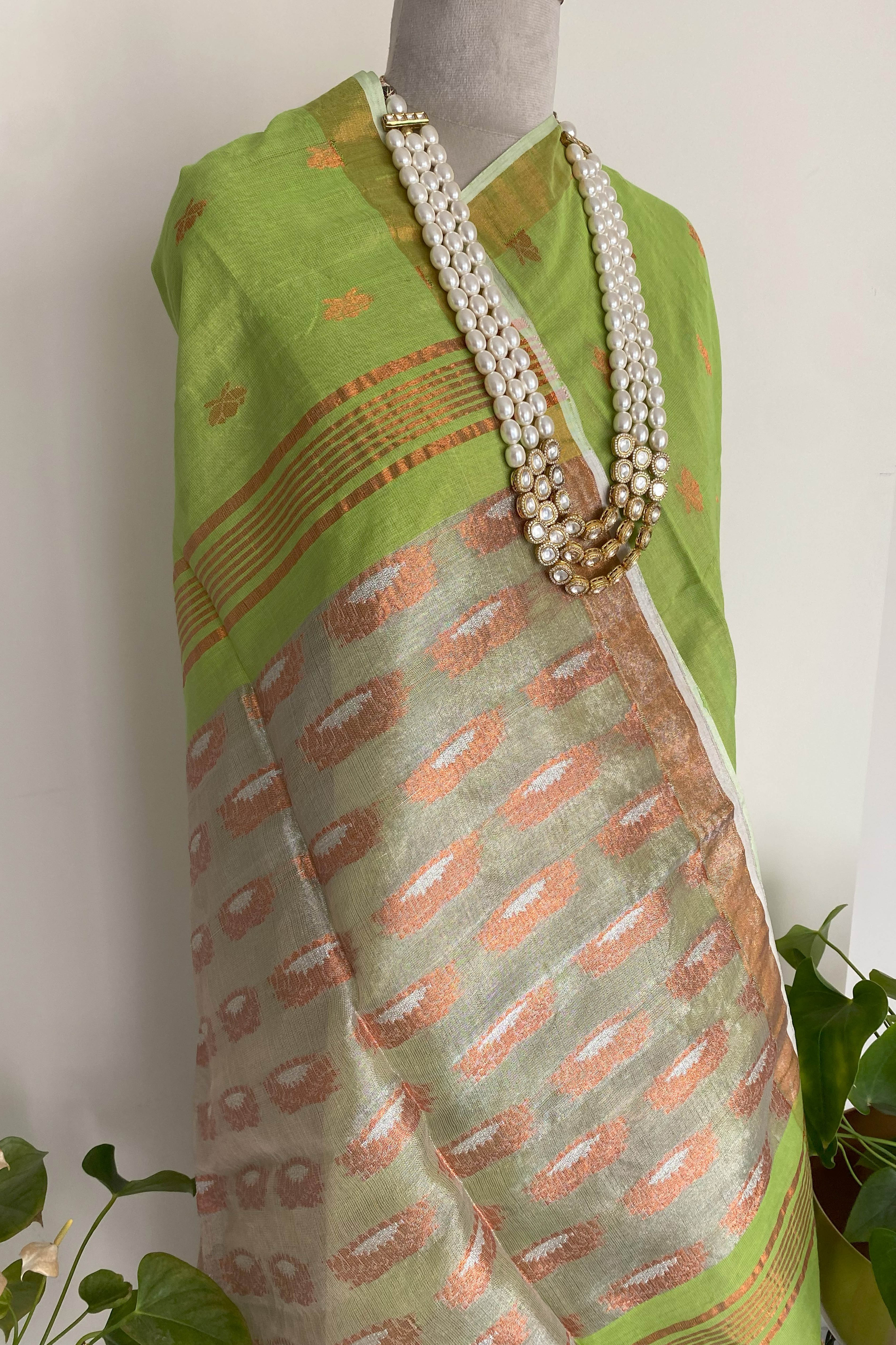 Haritah Jamdani Cotton Tissue Saree in Parrot Green