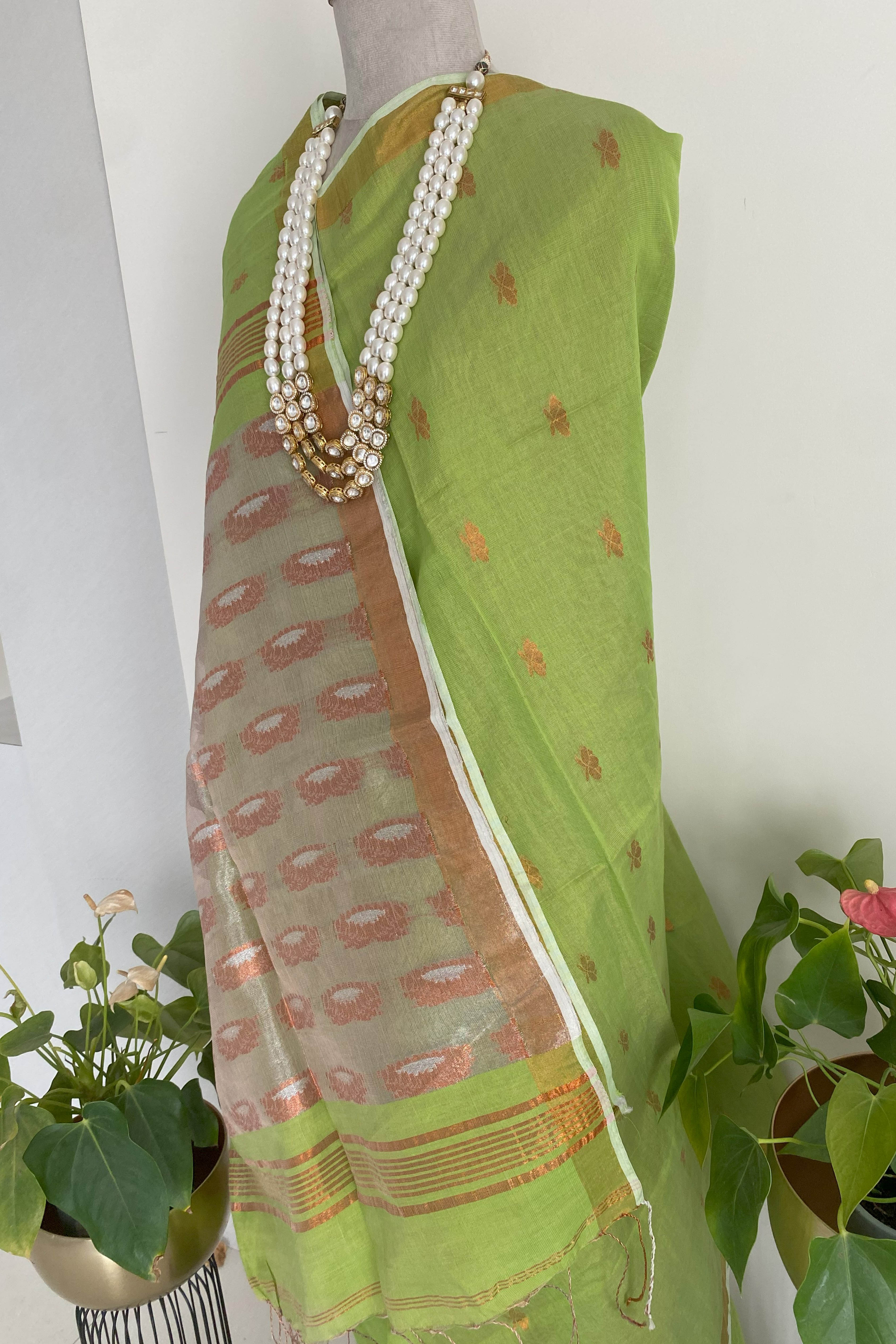 Haritah Jamdani Cotton Tissue Saree in Parrot Green