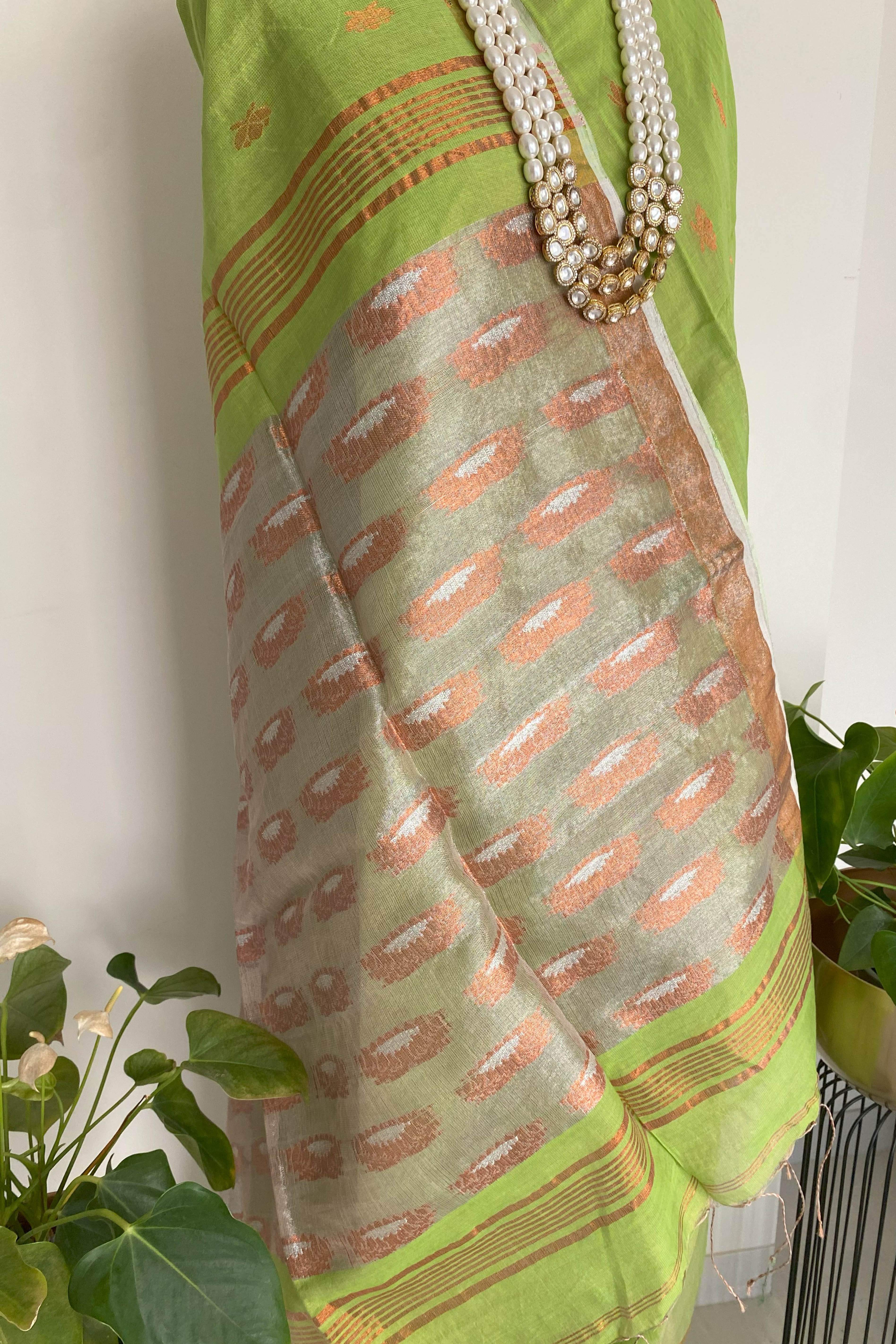 Haritah Jamdani Cotton Tissue Saree in Parrot Green