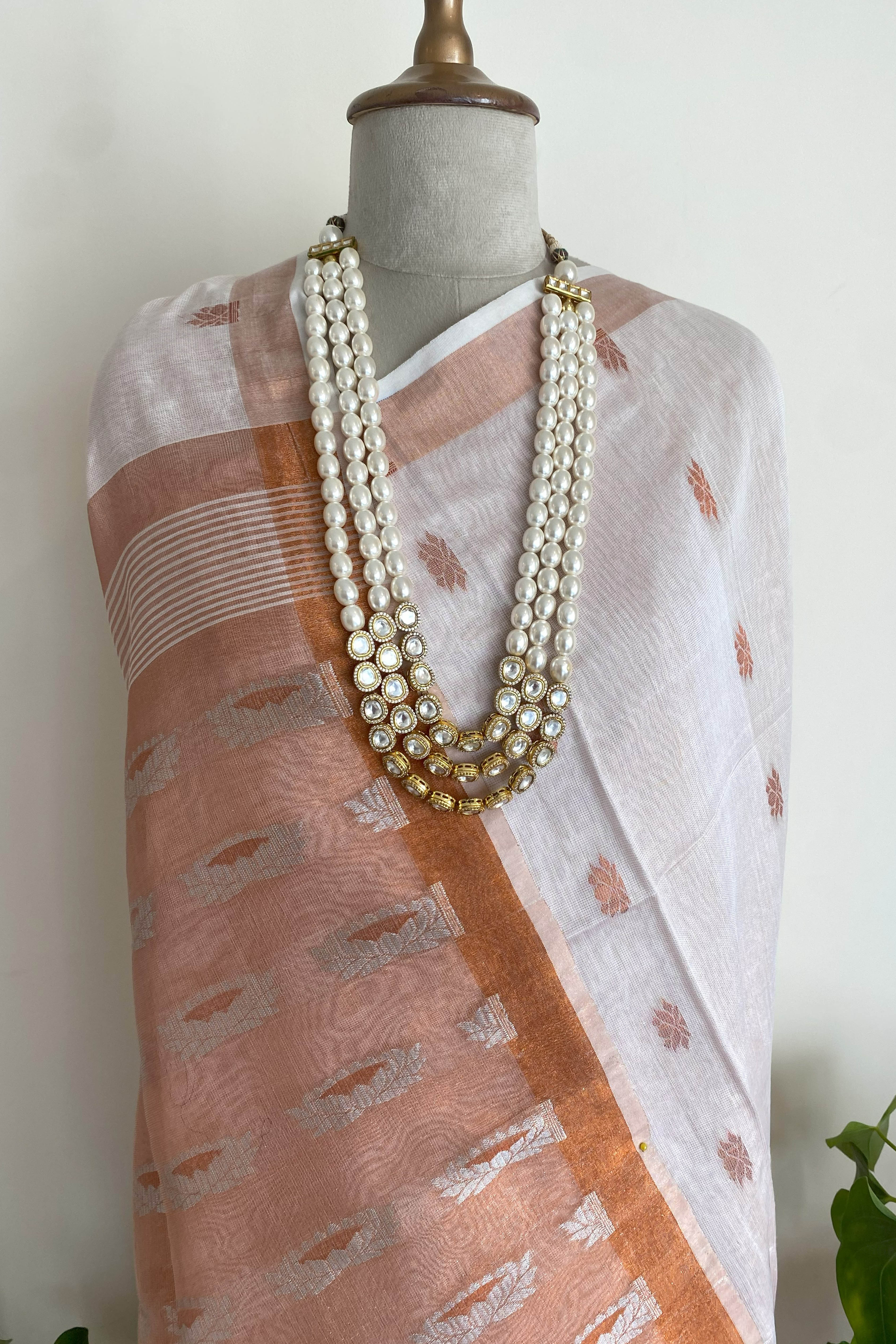 Padma Jamdani Cotton Tissue Saree in White with Copper Pallu & Border
