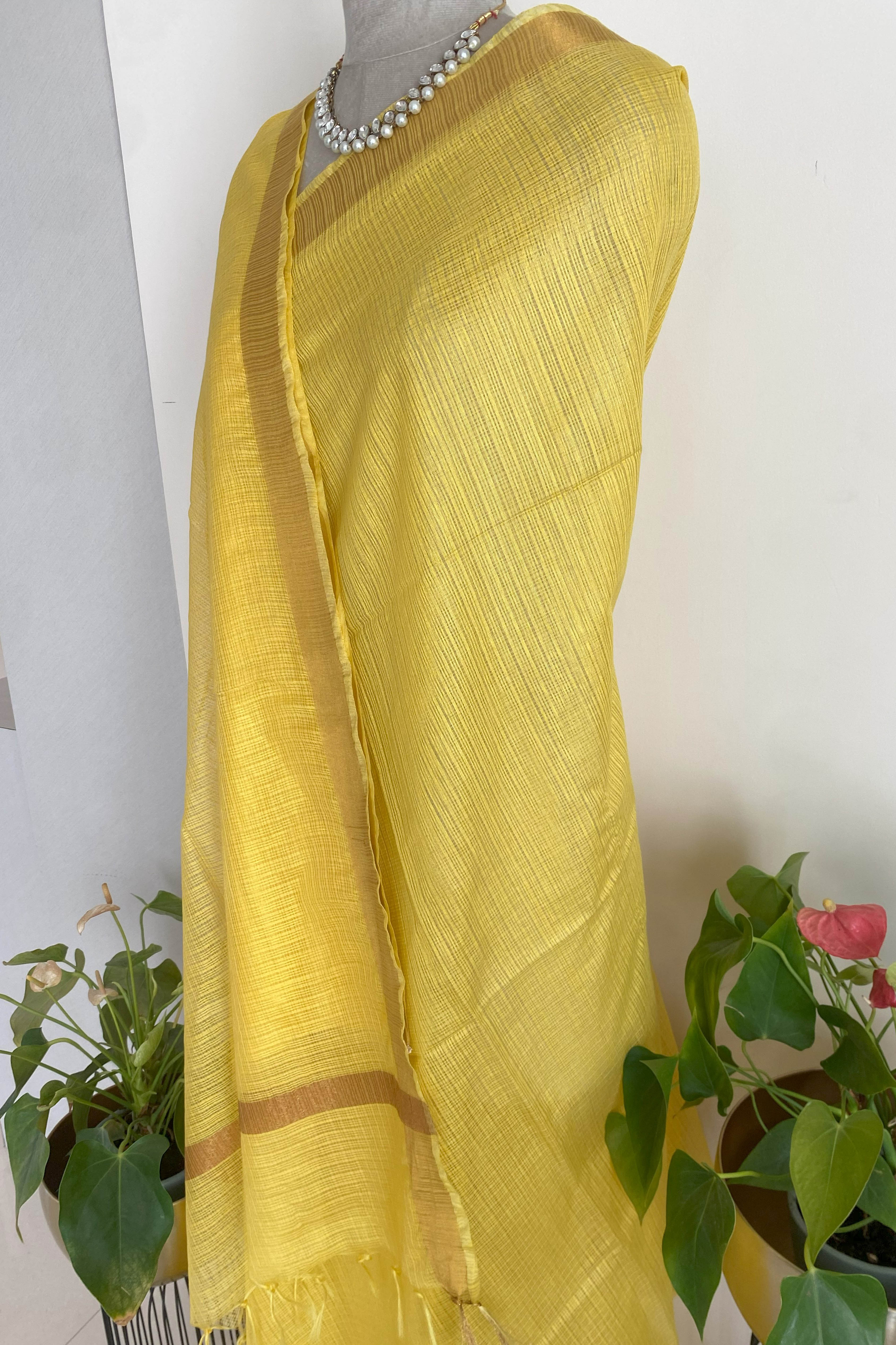 Aashvi Kota Silk Saree in Yellow Colour with Golden Border