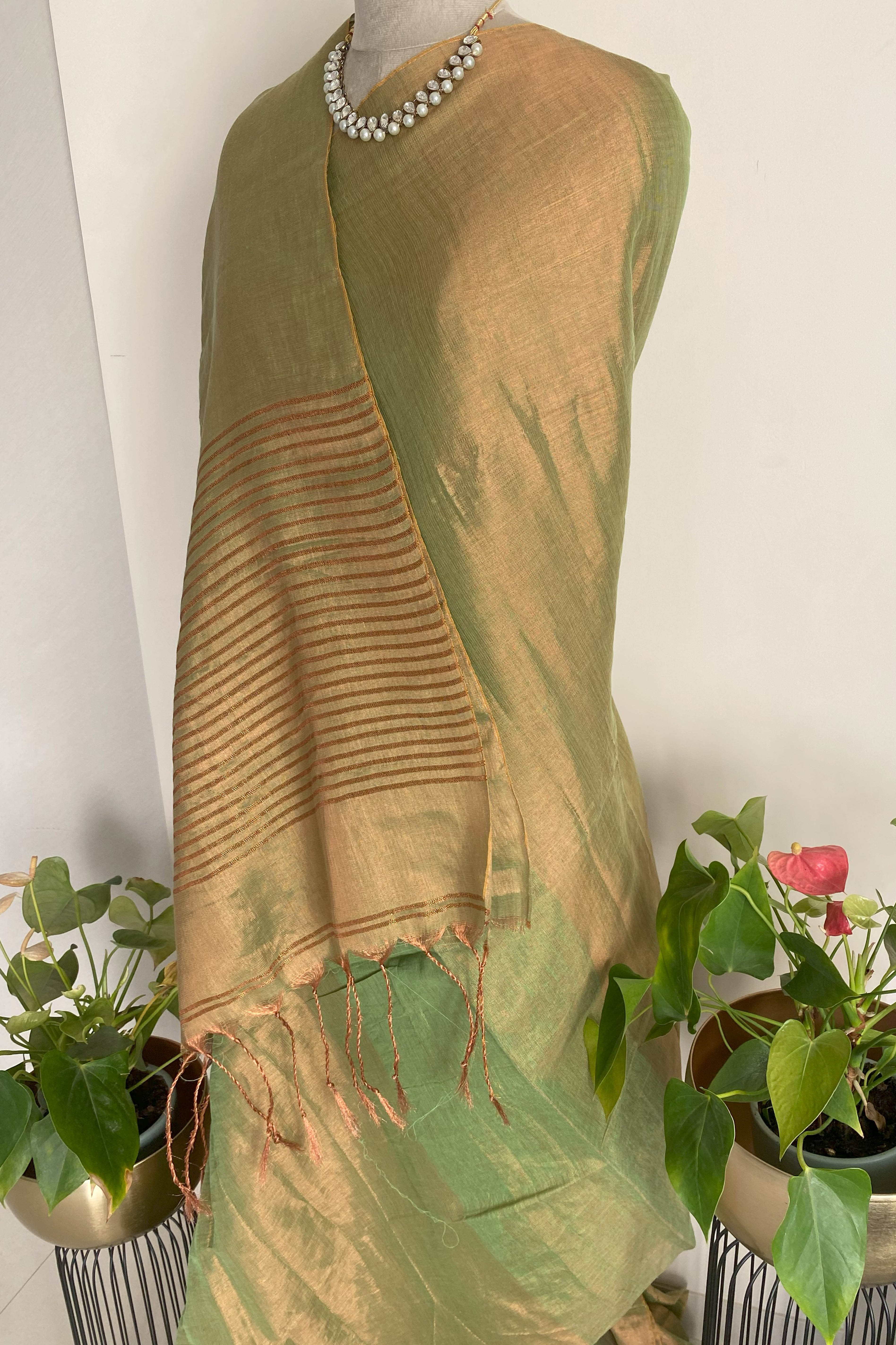 Revati Tissue Linen Saree in Moss Green