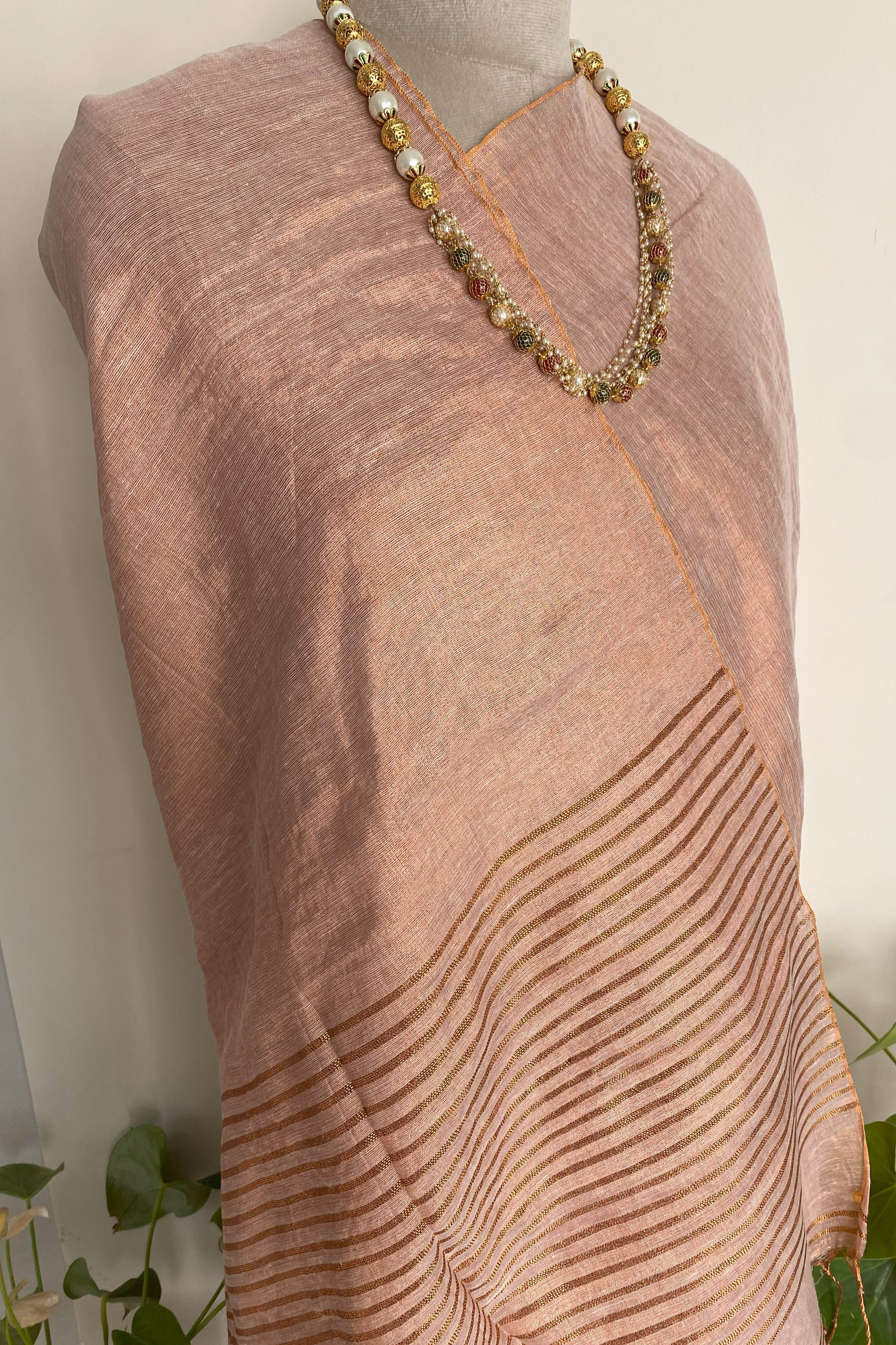 Risha Tissue Linen Saree in Dark Peach