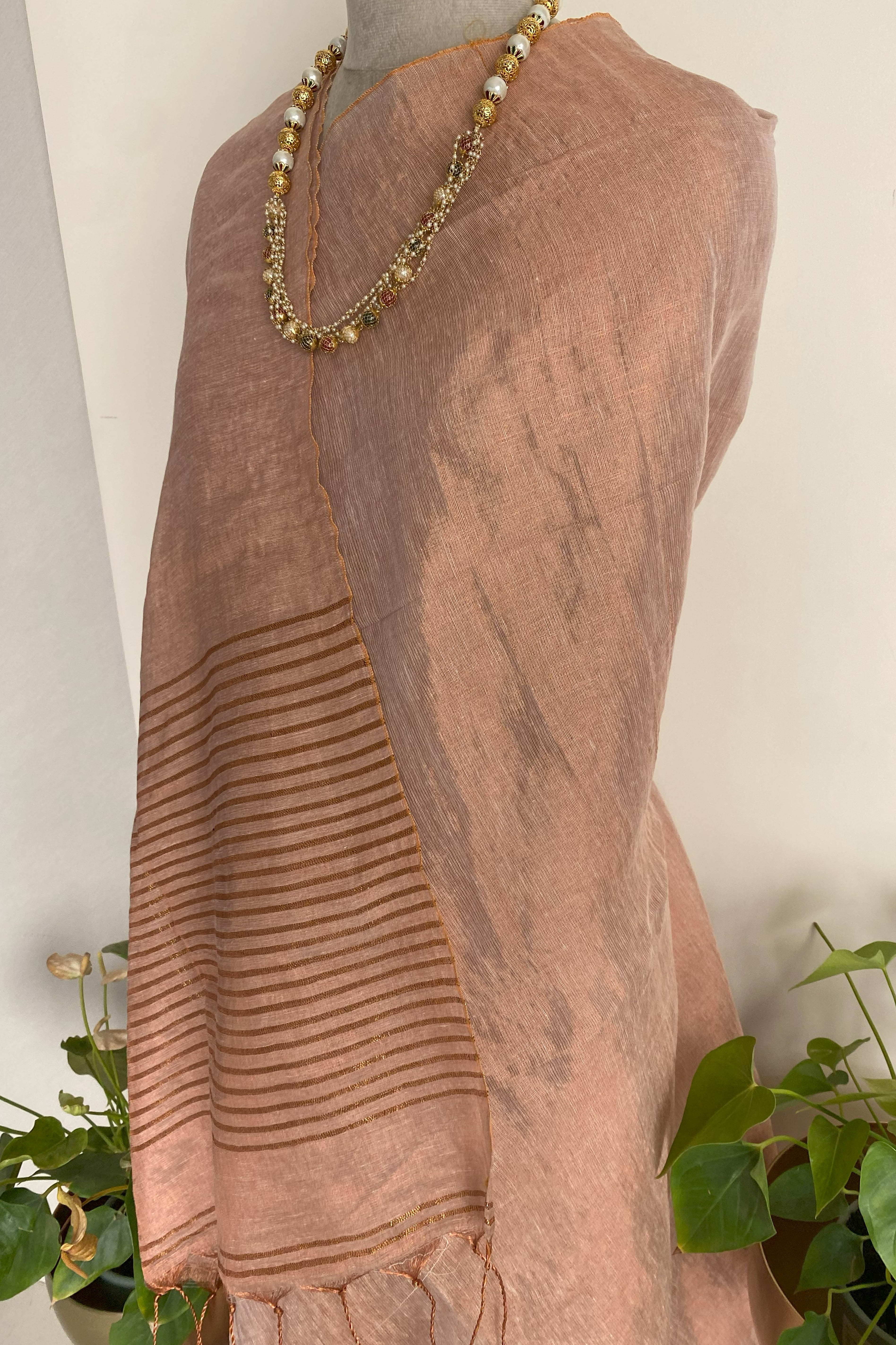 Risha Tissue Linen Saree in Dark Peach
