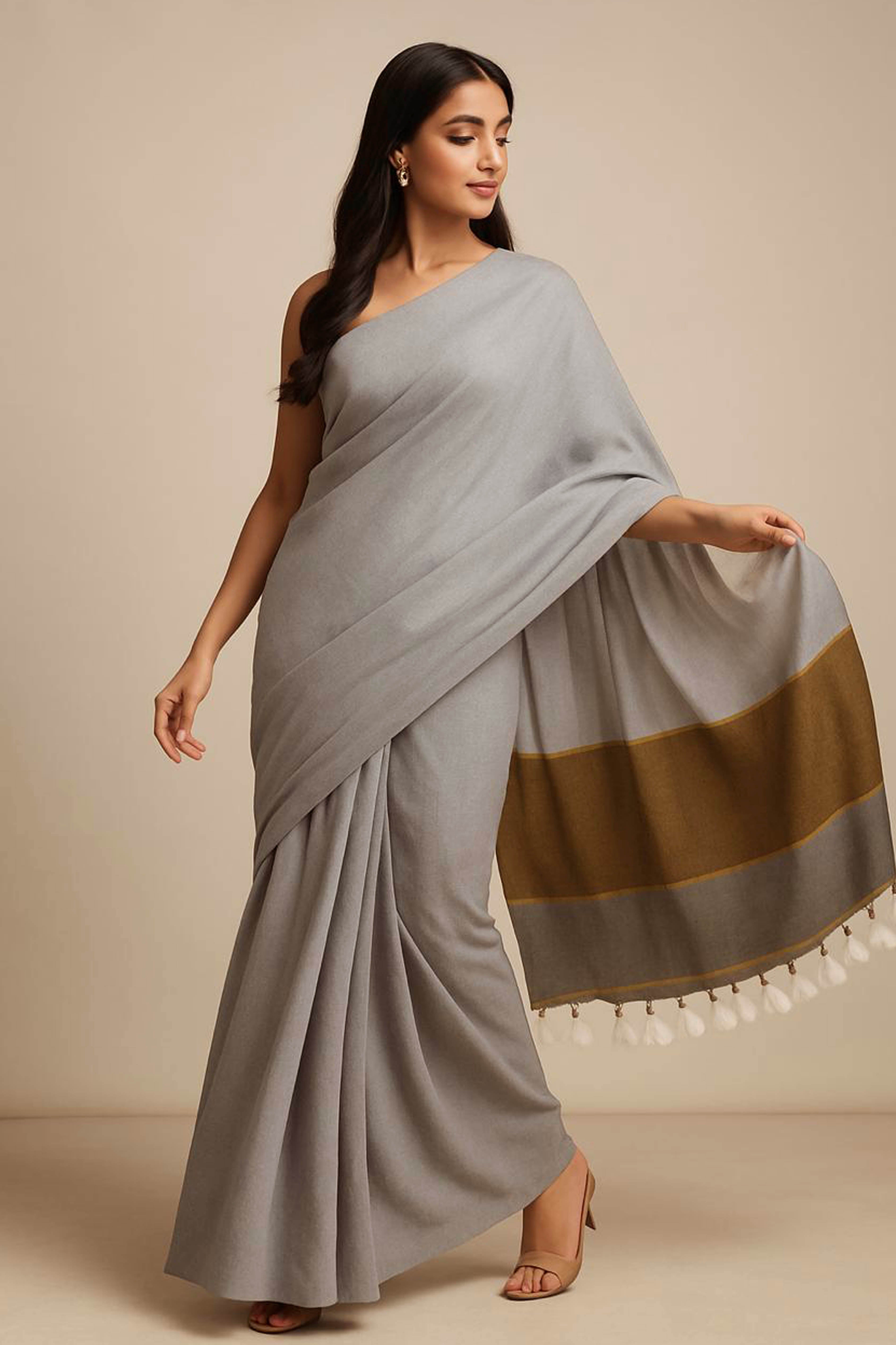 Cotton Saree in Grey with Matt Gold Pallu - Indian Handloomz