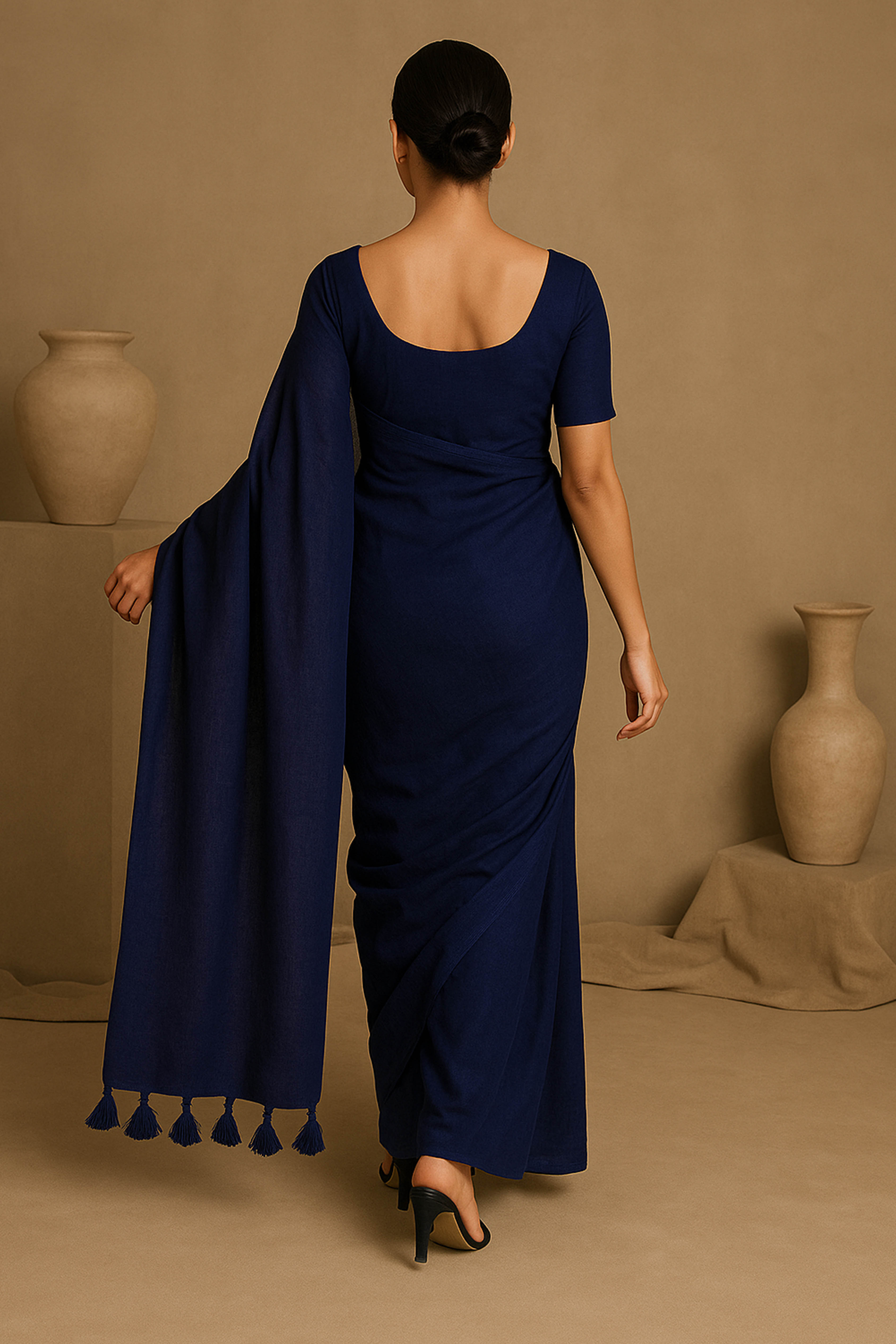 Pure Cotton Navy Blue Saree with Tassels & Blouse Piece
