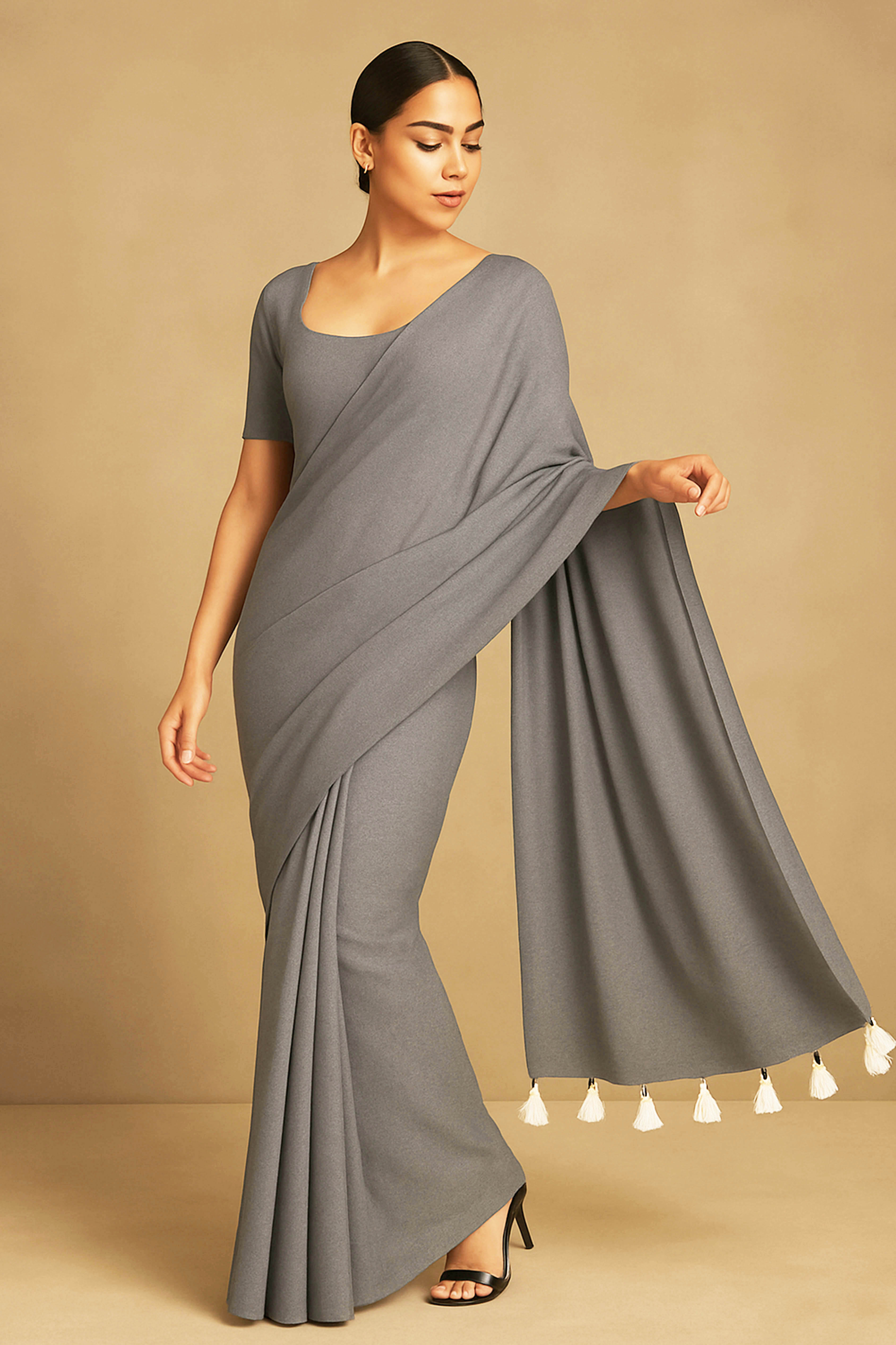Pure Cotton Grey Saree with White Tassels & Blouse Piece - Indian Handloomz