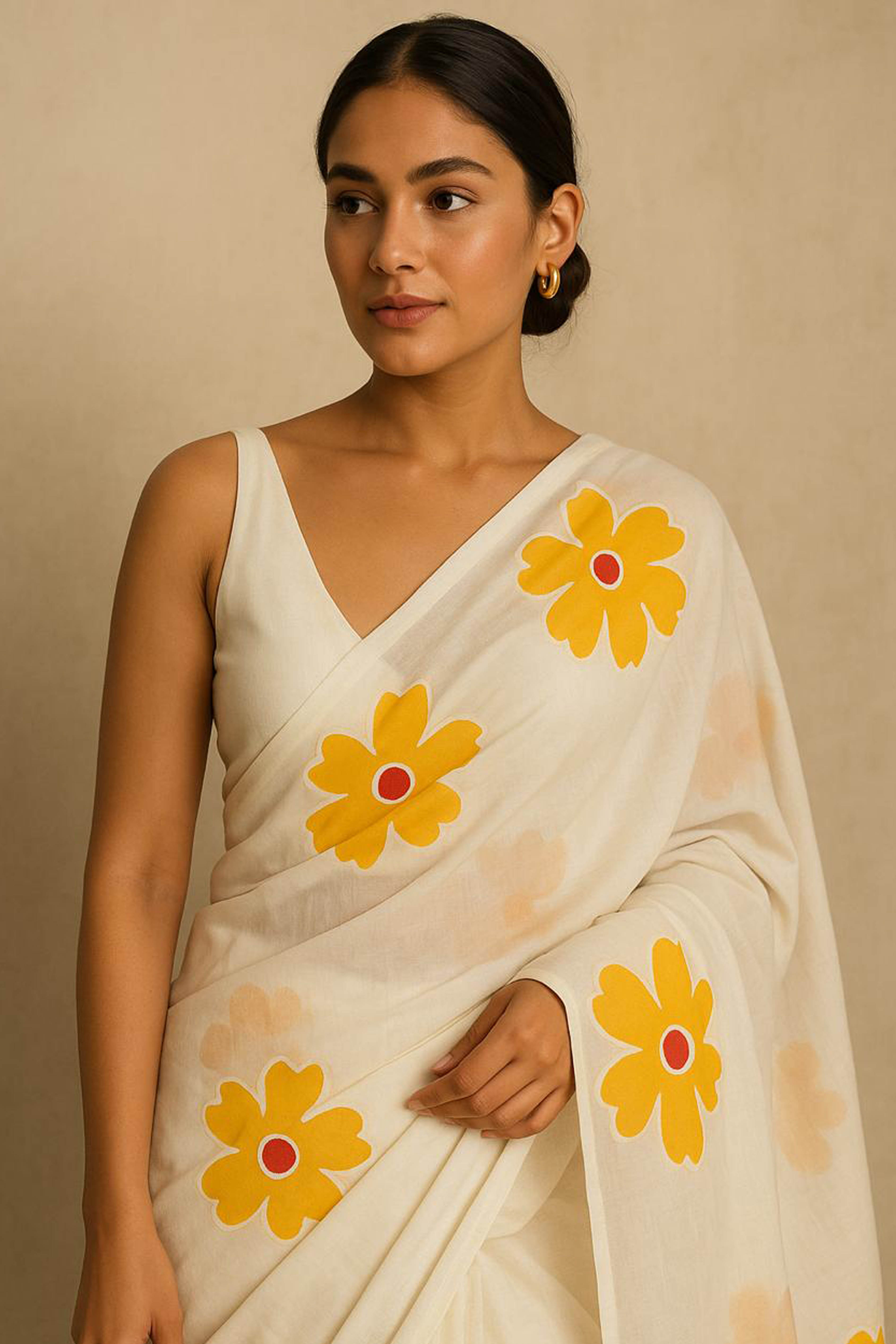 Pure Mul Cotton White Hand Painted Saree